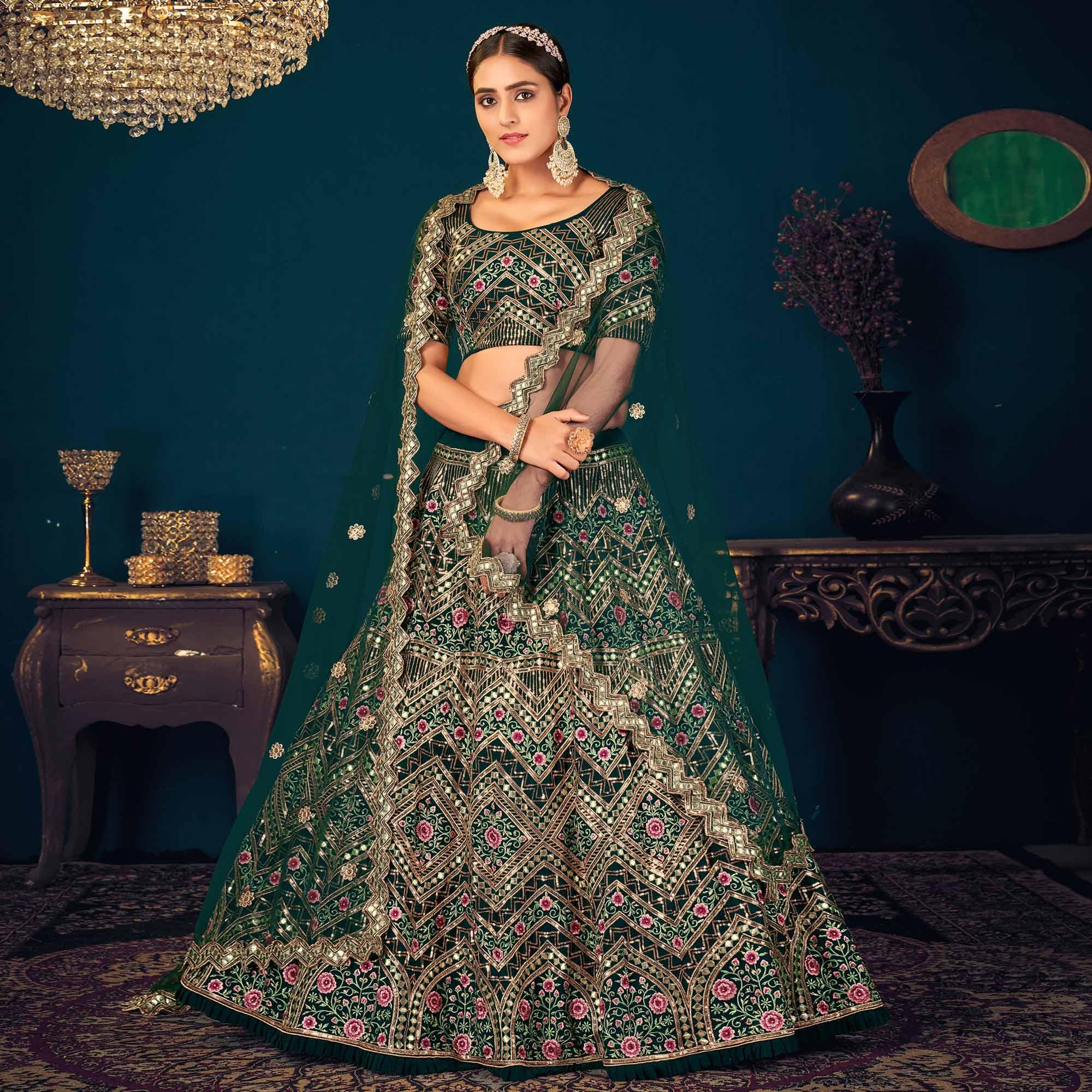 Peachmode Dark Green Partywear Sequins With Gotta Patti Embroidered Georgette Lehenga Choli