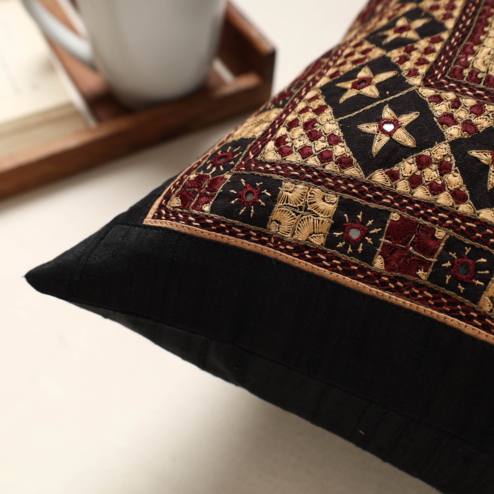 QASAB Black - Kutch Neran Hand Embroidery Silk Cushion Cover (16 x 16 in) - view 2