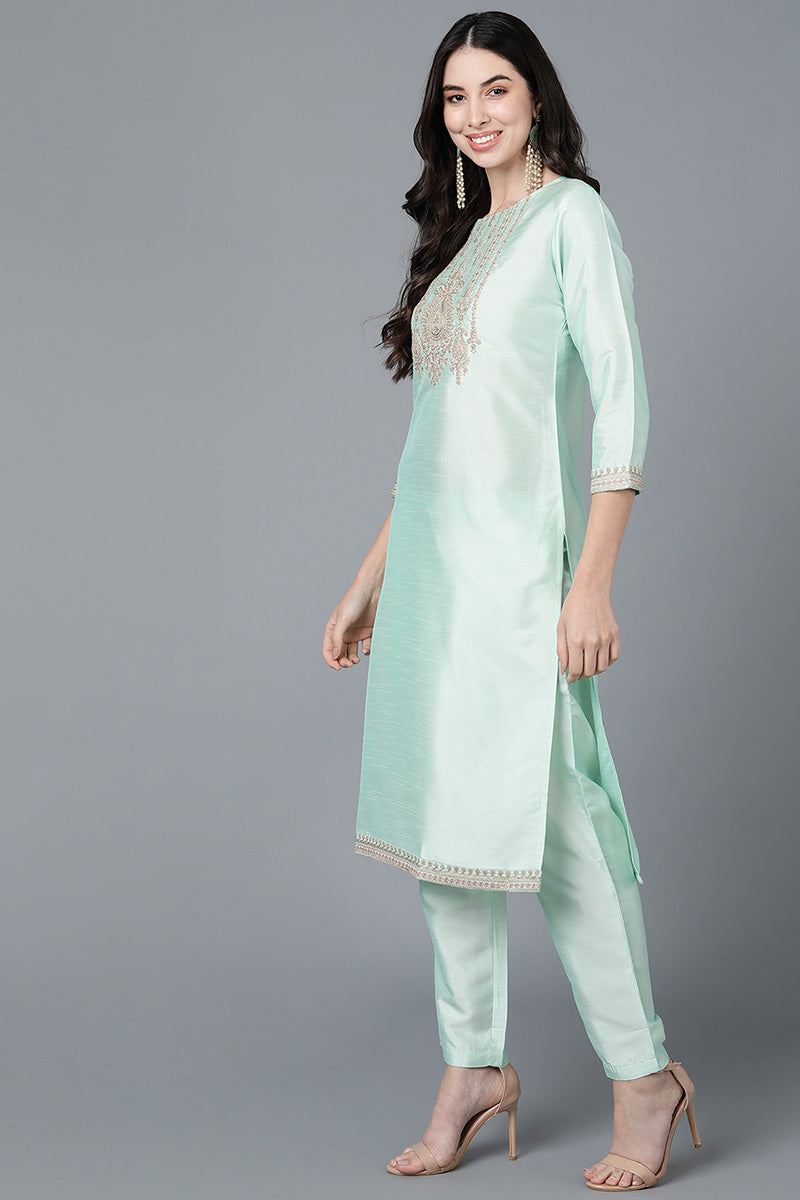 Ahika Mint Green Poly Silk Straight Kurta Pant With Dupatta Set PKSKD1478 - view 3