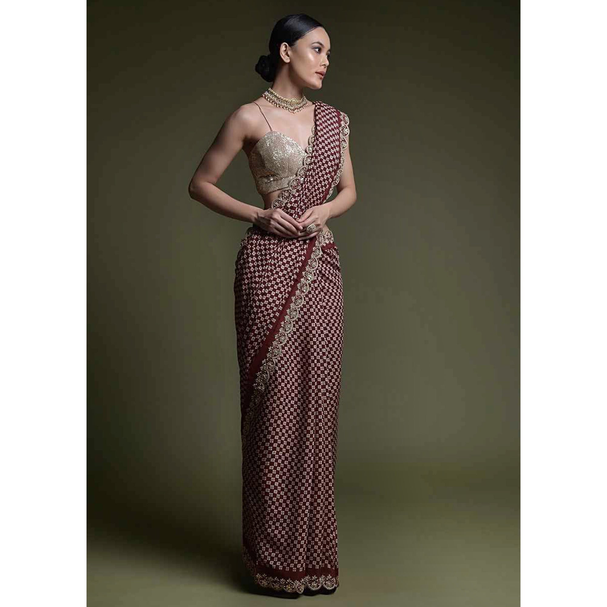 Peachmode Maroon Printed With Embroidered Border Chinon Saree - view 4