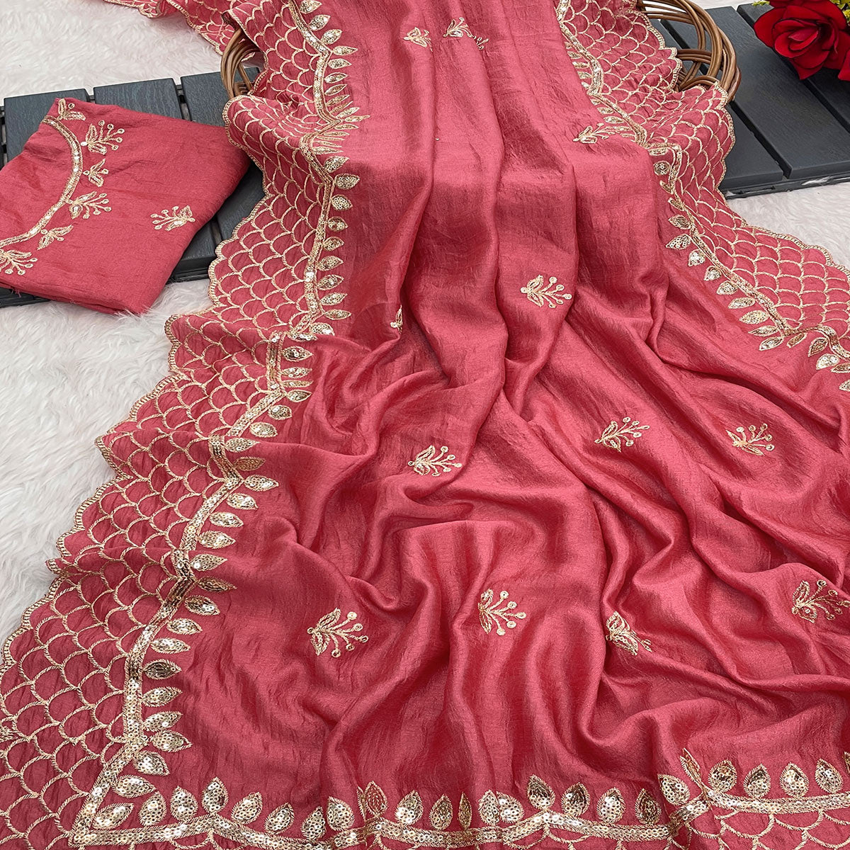 Peachmode Gajri Pink Sequins Embroidered Vichitra Silk Saree - view 2