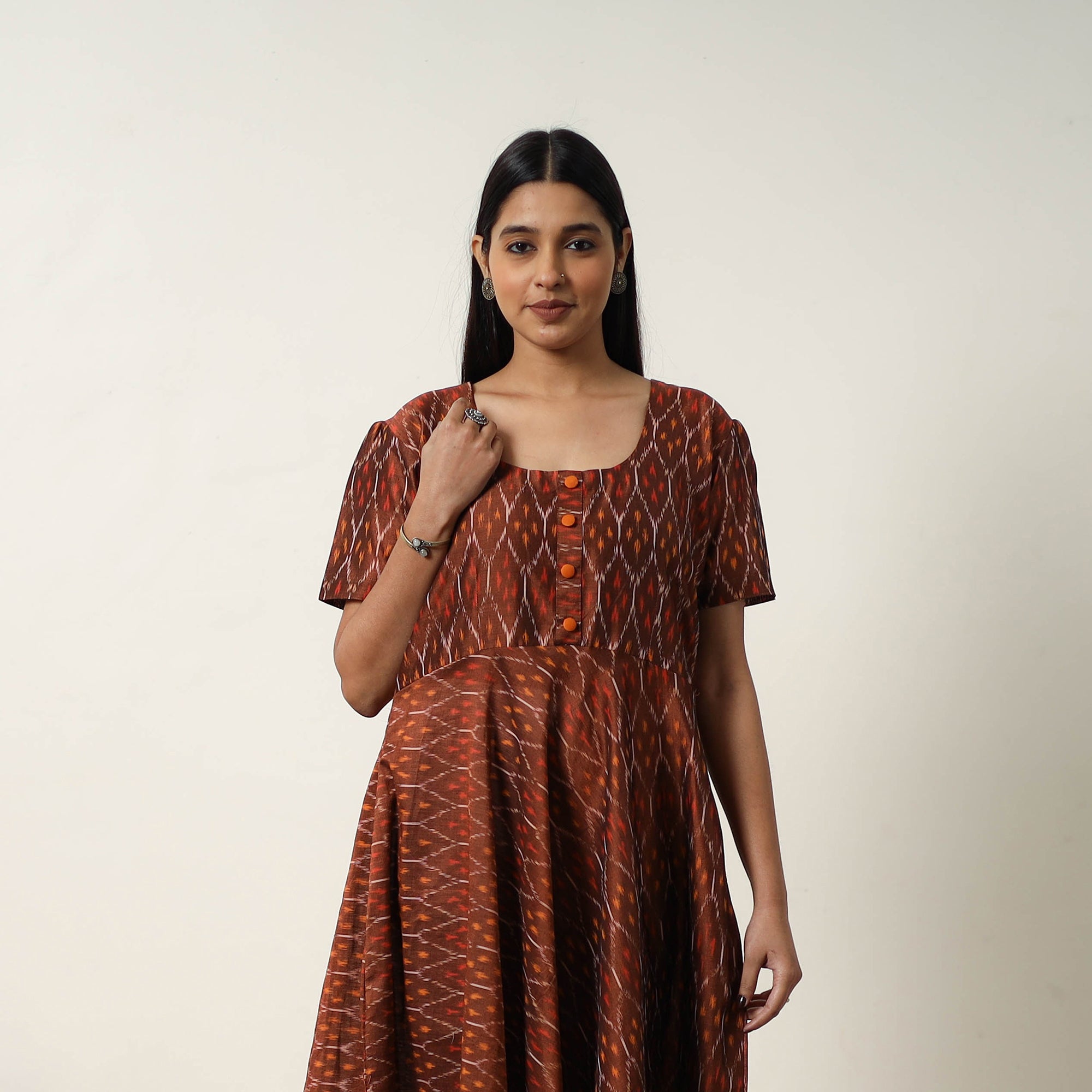 ITOKRI CASUALS Brown - Mercerized Cotton Flared Pochampally Ikat Dress 14