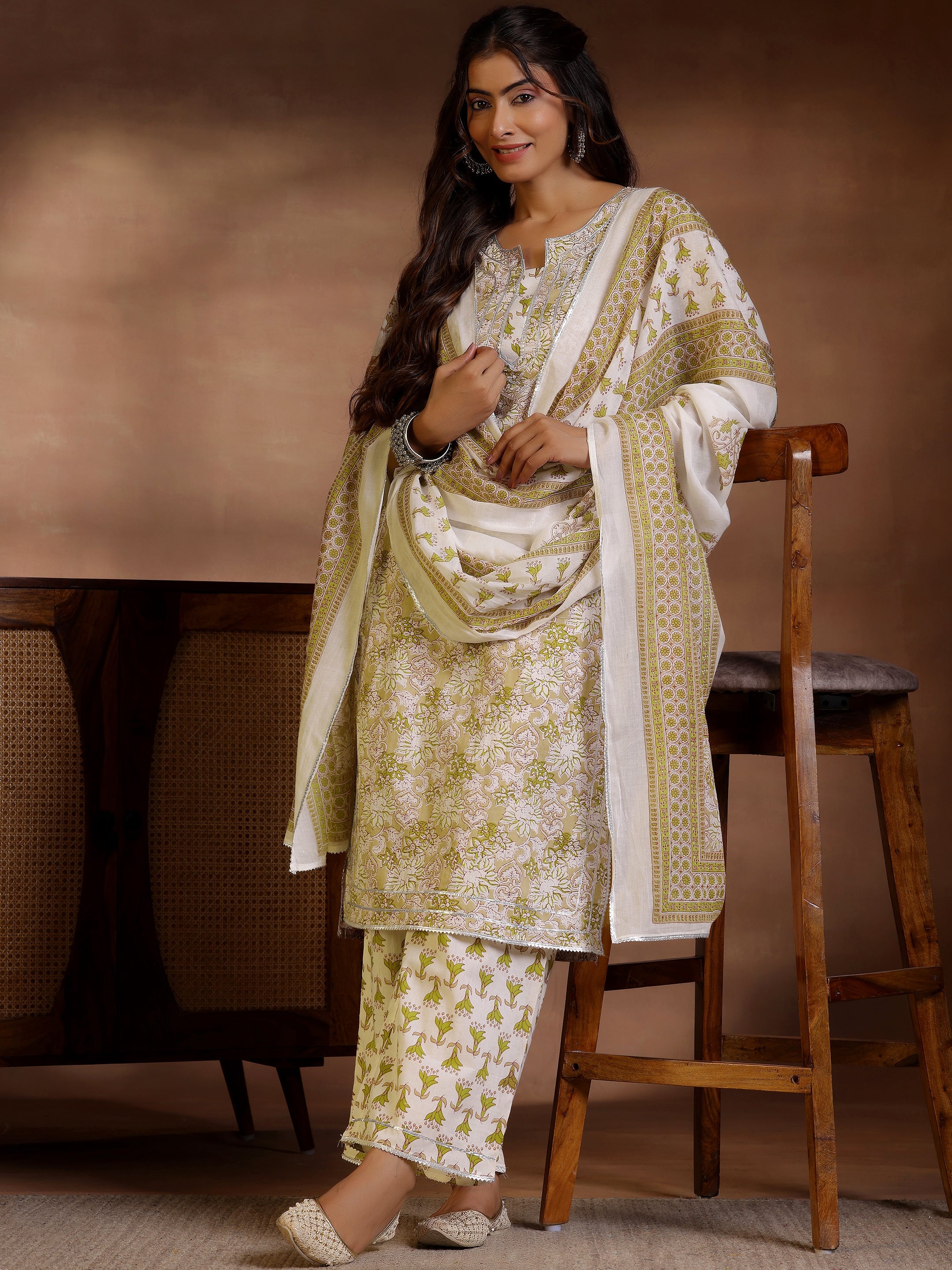 Libas Beige Printed Cotton Straight Suit With Dupatta