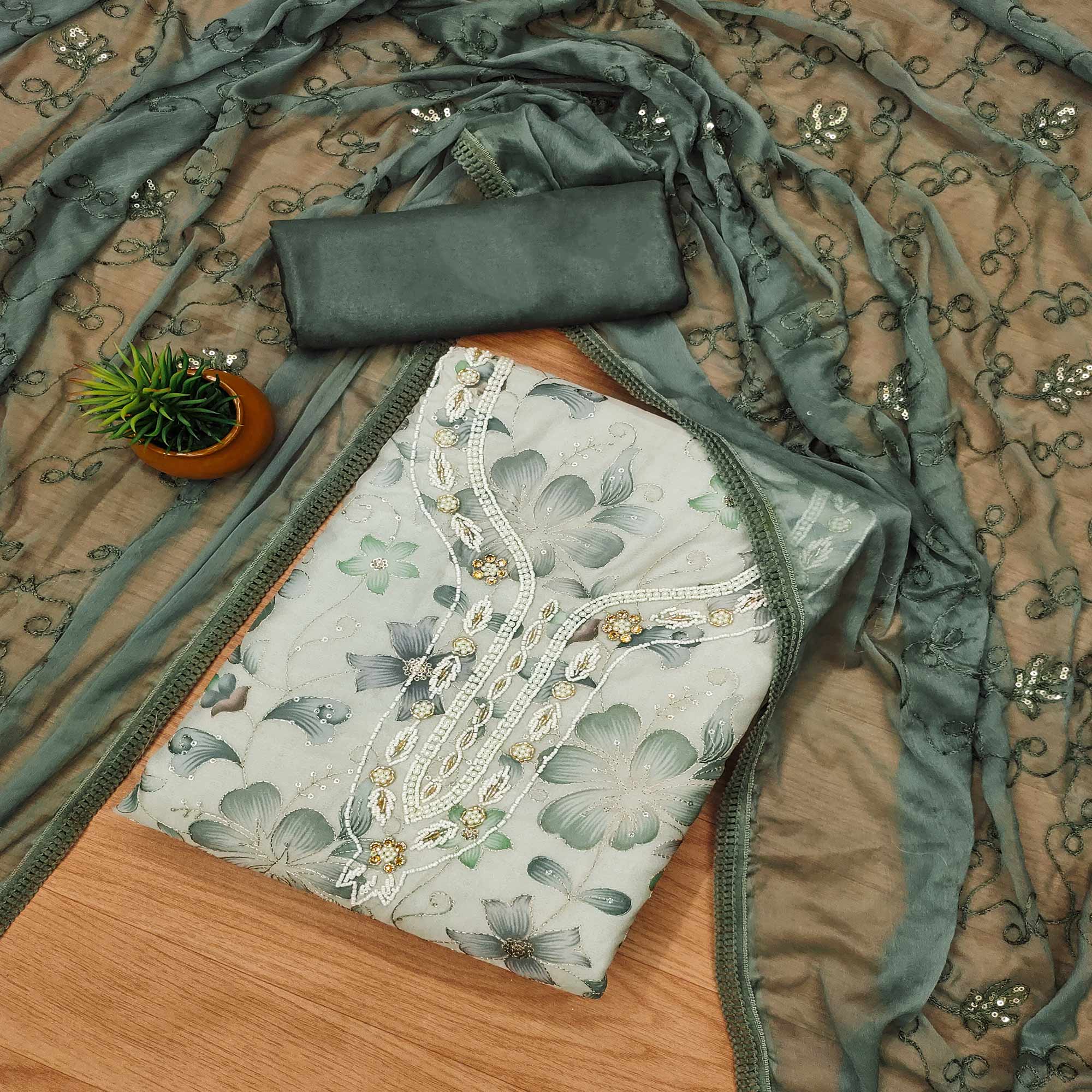 Peachmode Light Green Floral Sequins Embroidered With Printed Organza Dress Material