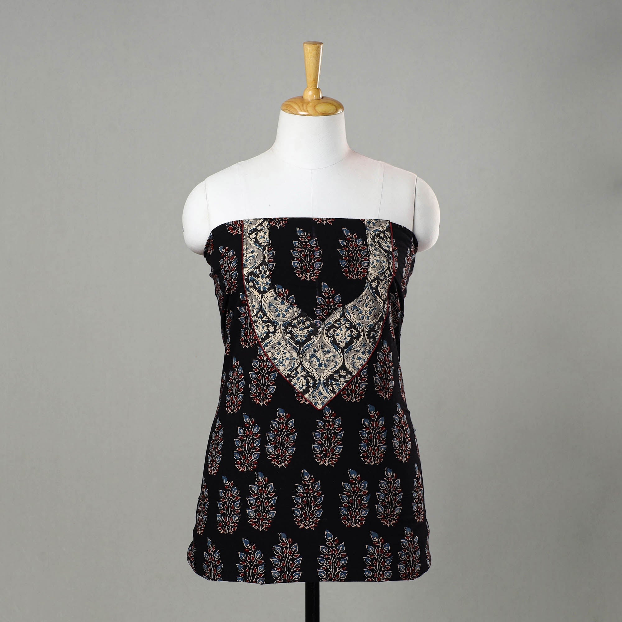 NOORI BAZAR Black - Ajrakh Print Cotton Kurta Material with Patchwork (3m) 06