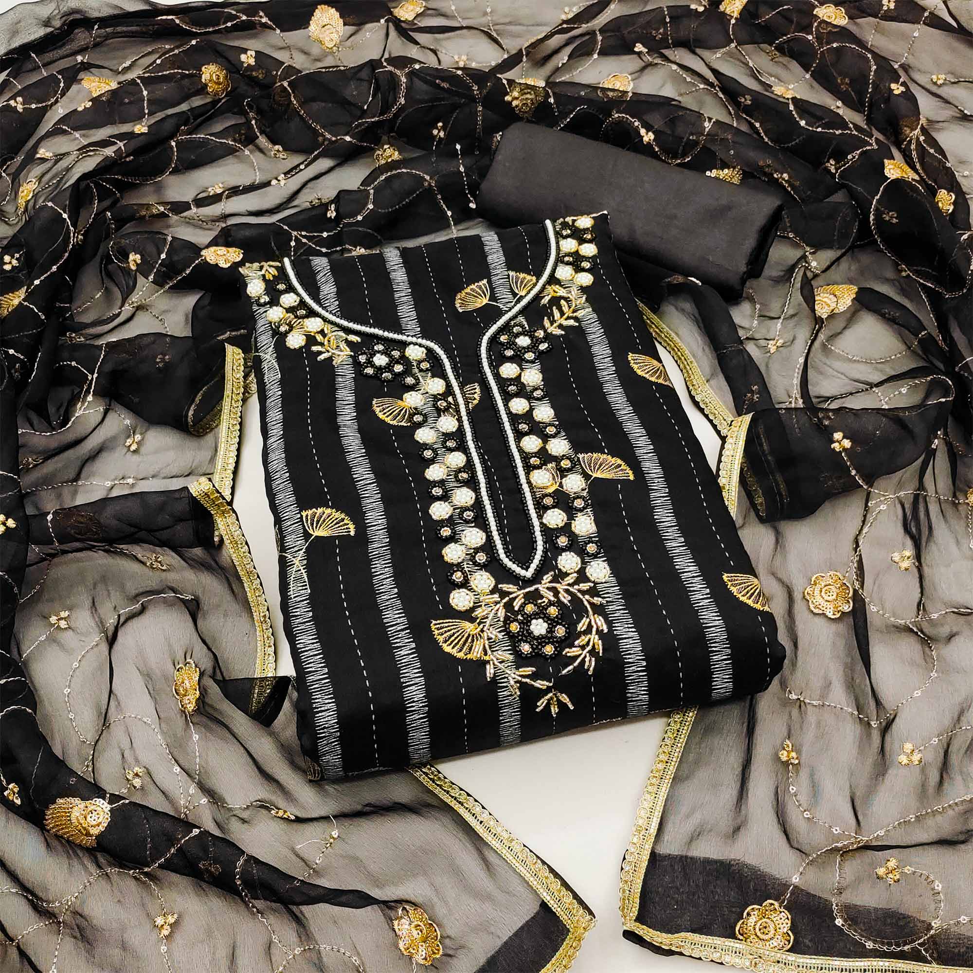 Peachmode Black Floral Foil Printed With Handwork Chanderi Dress Material