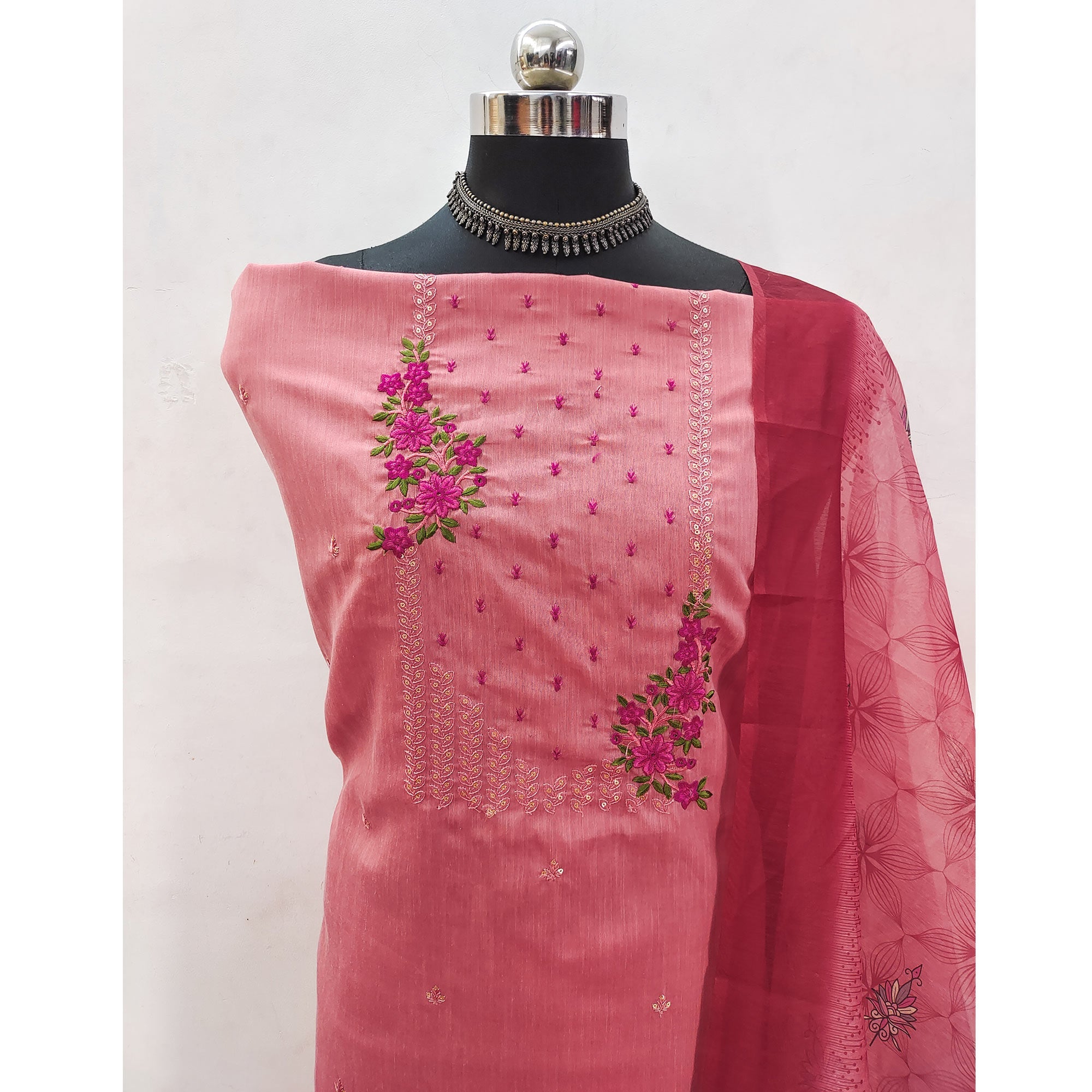 Peachmode Dark Peach Floral Embroidered Cotton Blend Dress Material - view 4