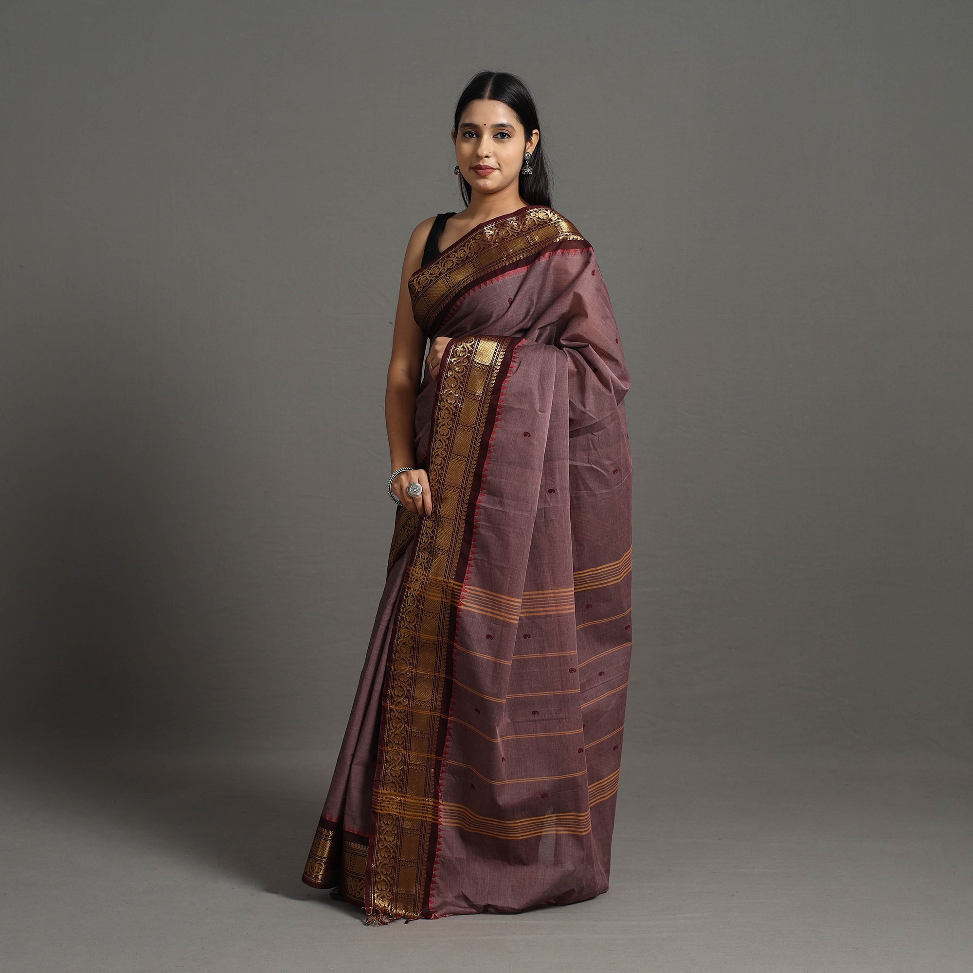 SOUTH KARGHA Brown - Kanchipuram Cotton Saree with Buti & Thread Border 35