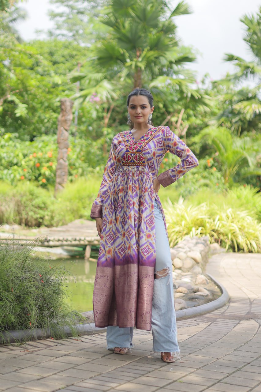 ClothsVilla.com White Designer Printed Kurti in Heavy Cotton with Kutchi Gamthi Lace and Kodi Work - view 2