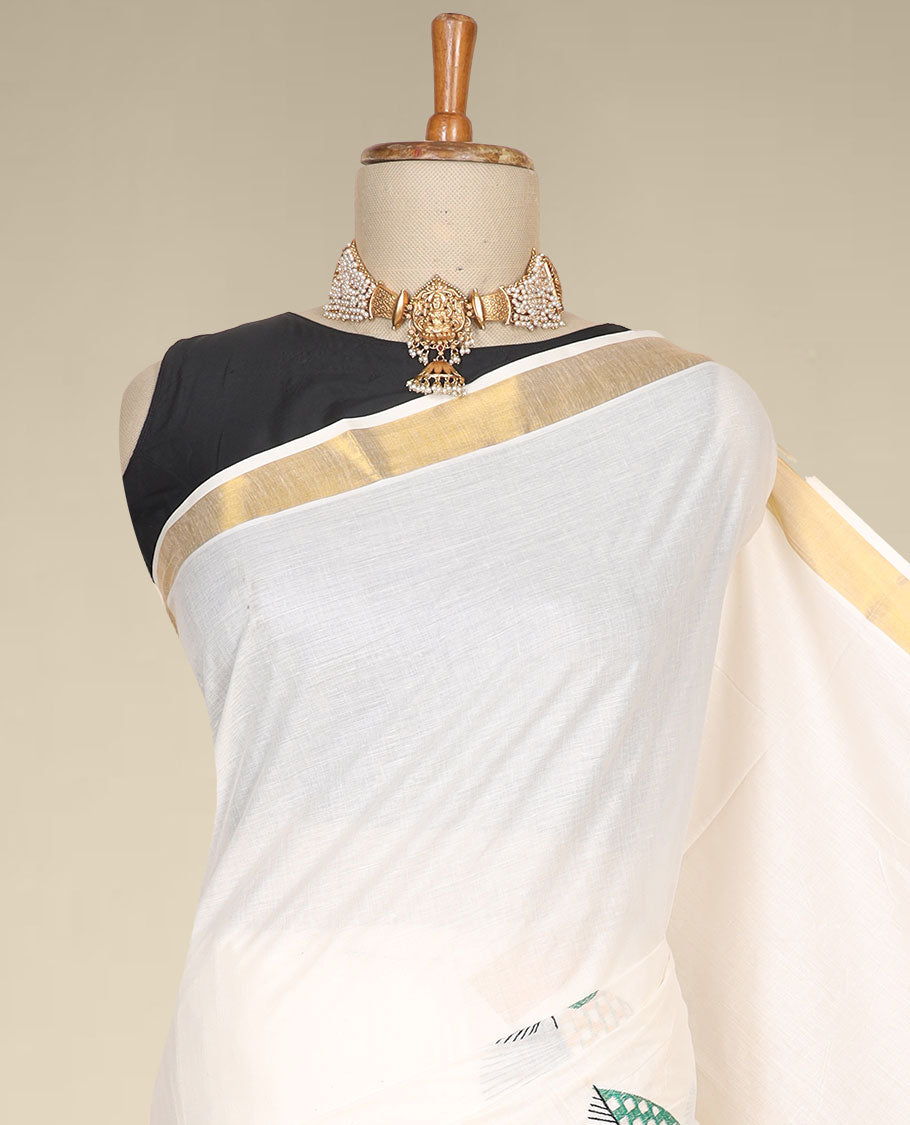TheShoppothys Cream kerala saree features thread embroidered leaf designs all over its body & pallu, zari border - view 2
