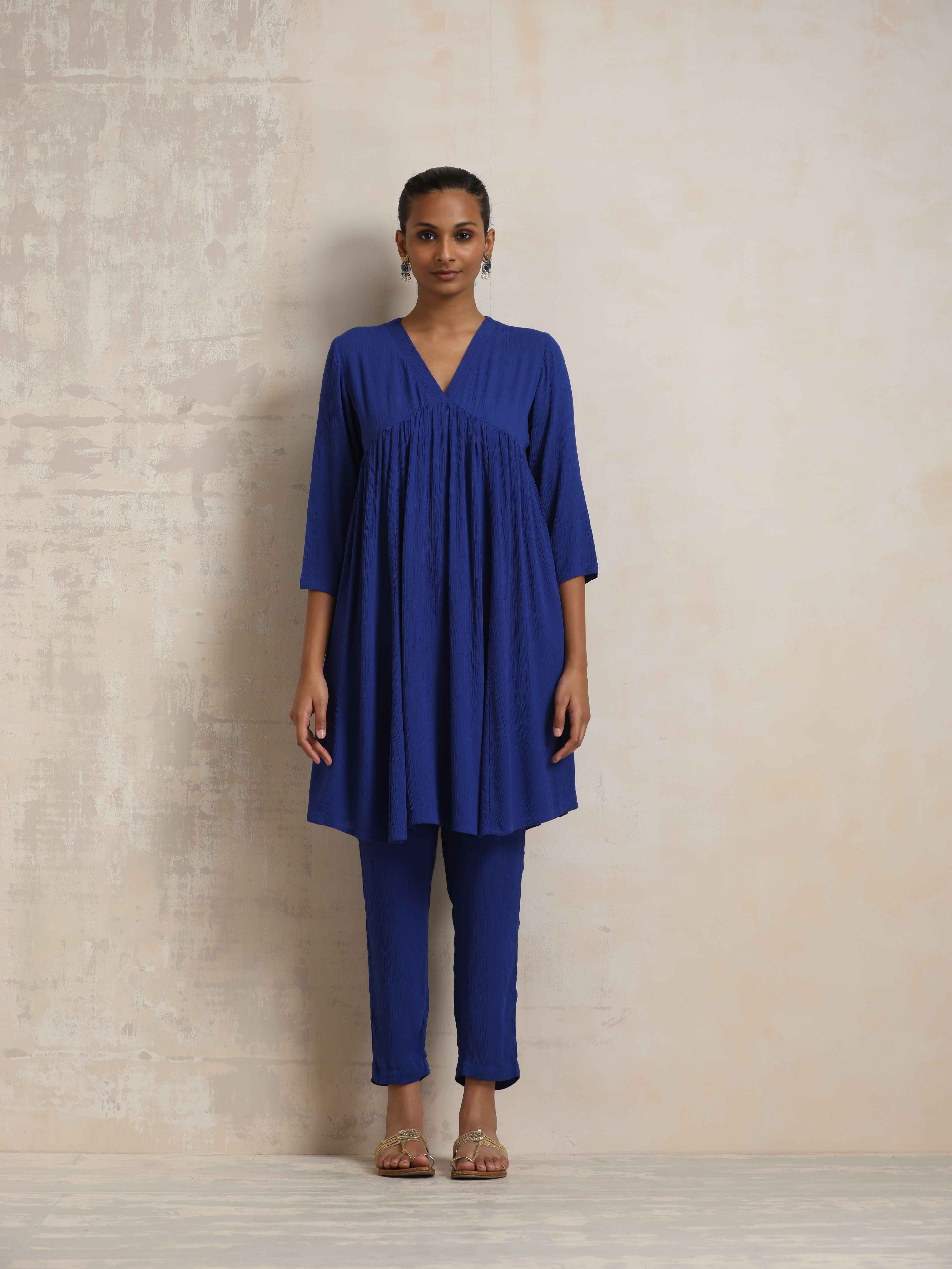 trueBrowns Blue Crinkle Flared Kurta Co-ord Set - view 2