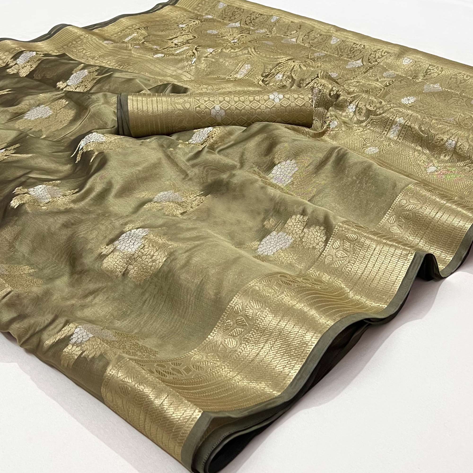 Peachmode Chikoo Woven Organza Saree – Women's