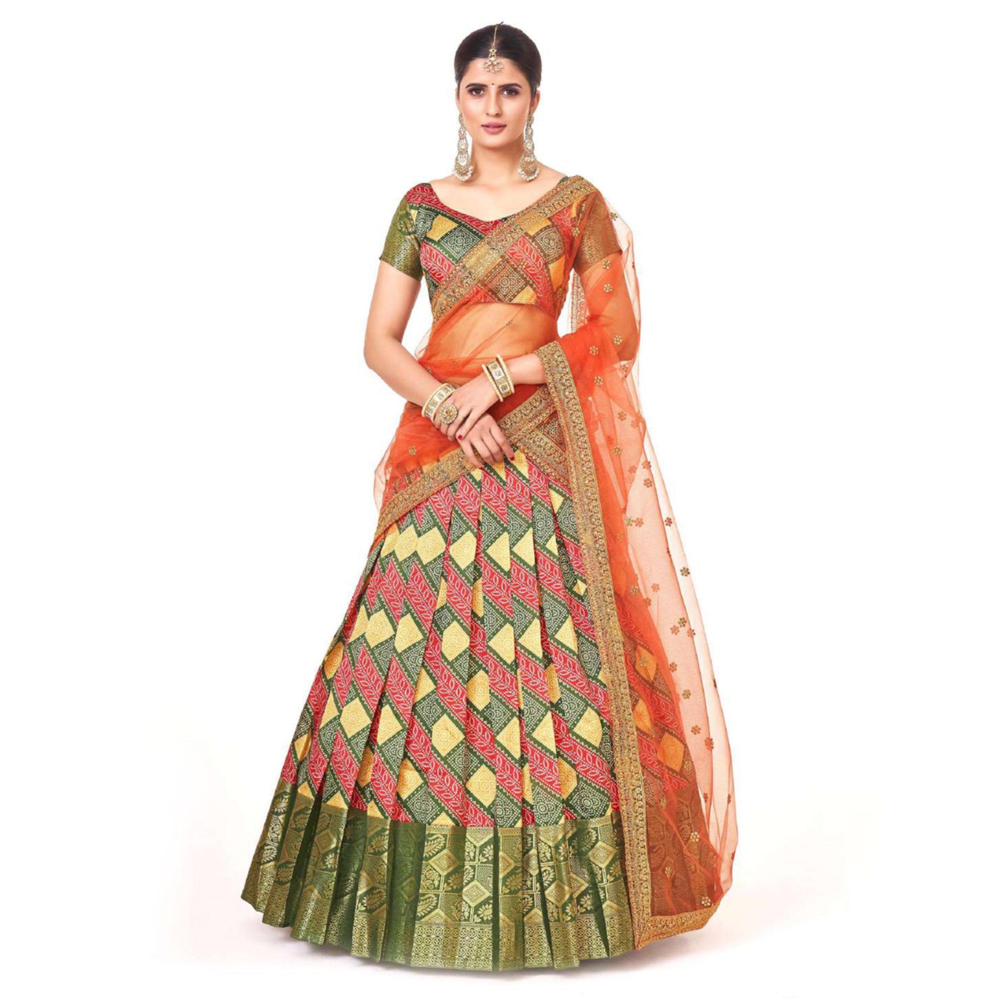 Peachmode Multicolor Digital Printed With Zari Work Art Silk Lehenga Choli