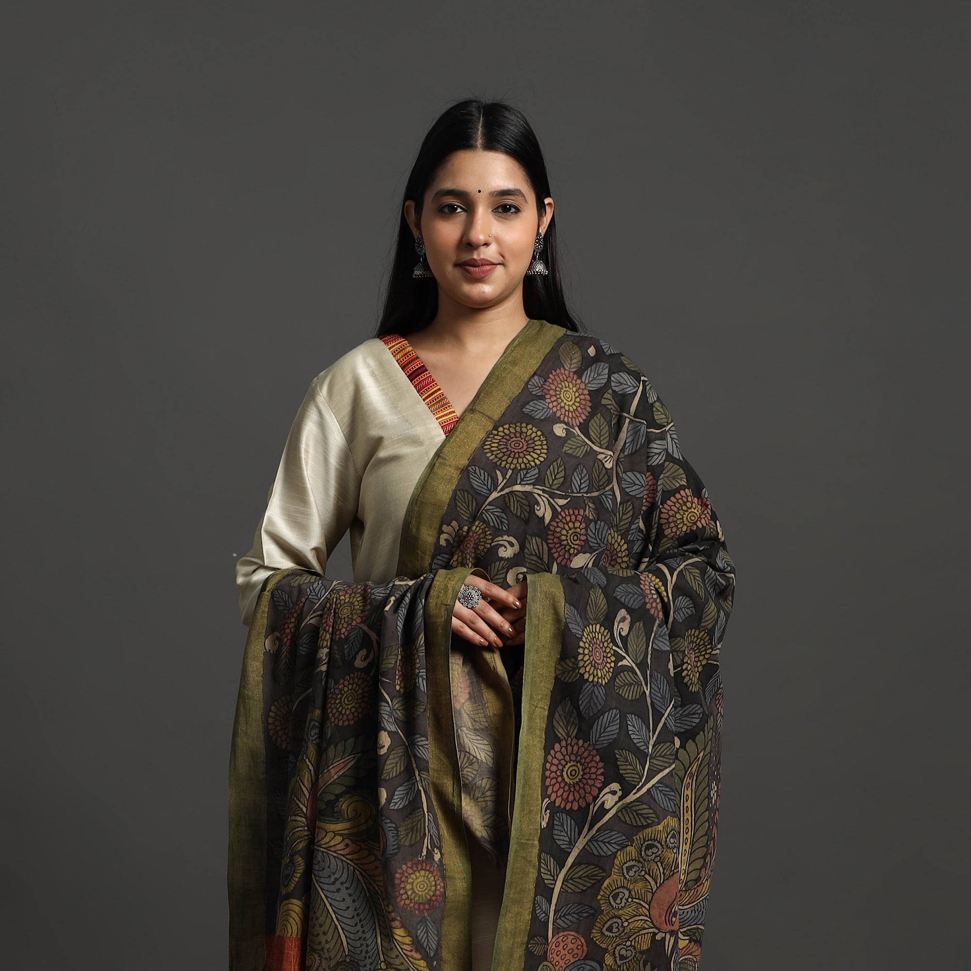 SOUTH KARGHA Black - Mangalagiri Cotton Handpainted Pen Work Kalamkari Dupatta 33 - view 3