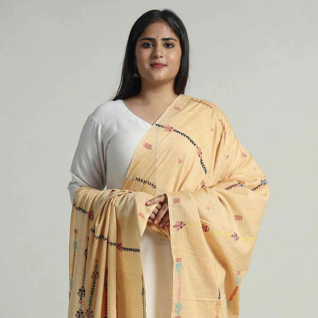 KHUSHBASH - HAPPY LOOM OF EAST Beige - Bengal Kantha Embroidery Silk Cotton Dupatta 06 - view 4
