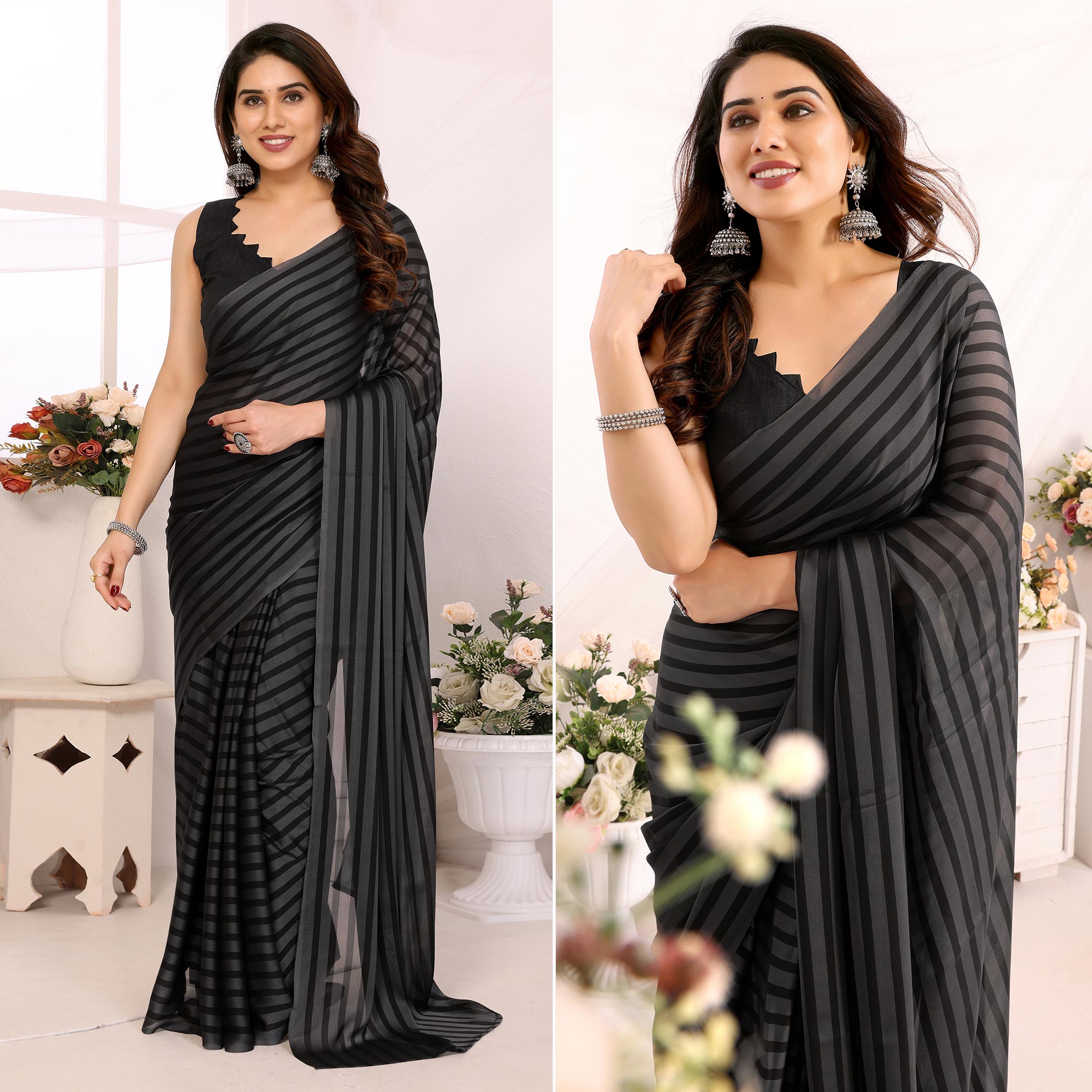 Peachmode Seller Grey Striped Printed Georgette Ready To Wear Saree