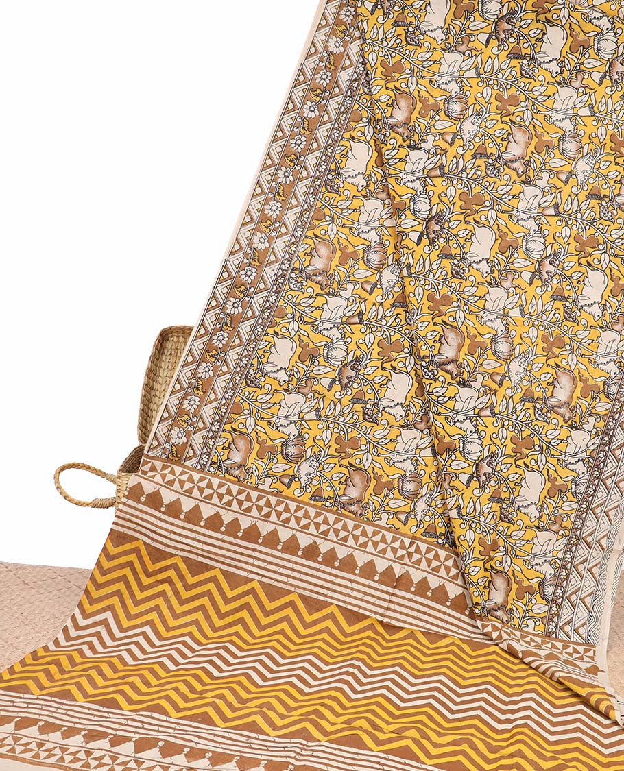 Pothys Yellow Pichwai cow machine-print kalamkari cotton saree, contrast chevron & floral printed border & chevron pallu