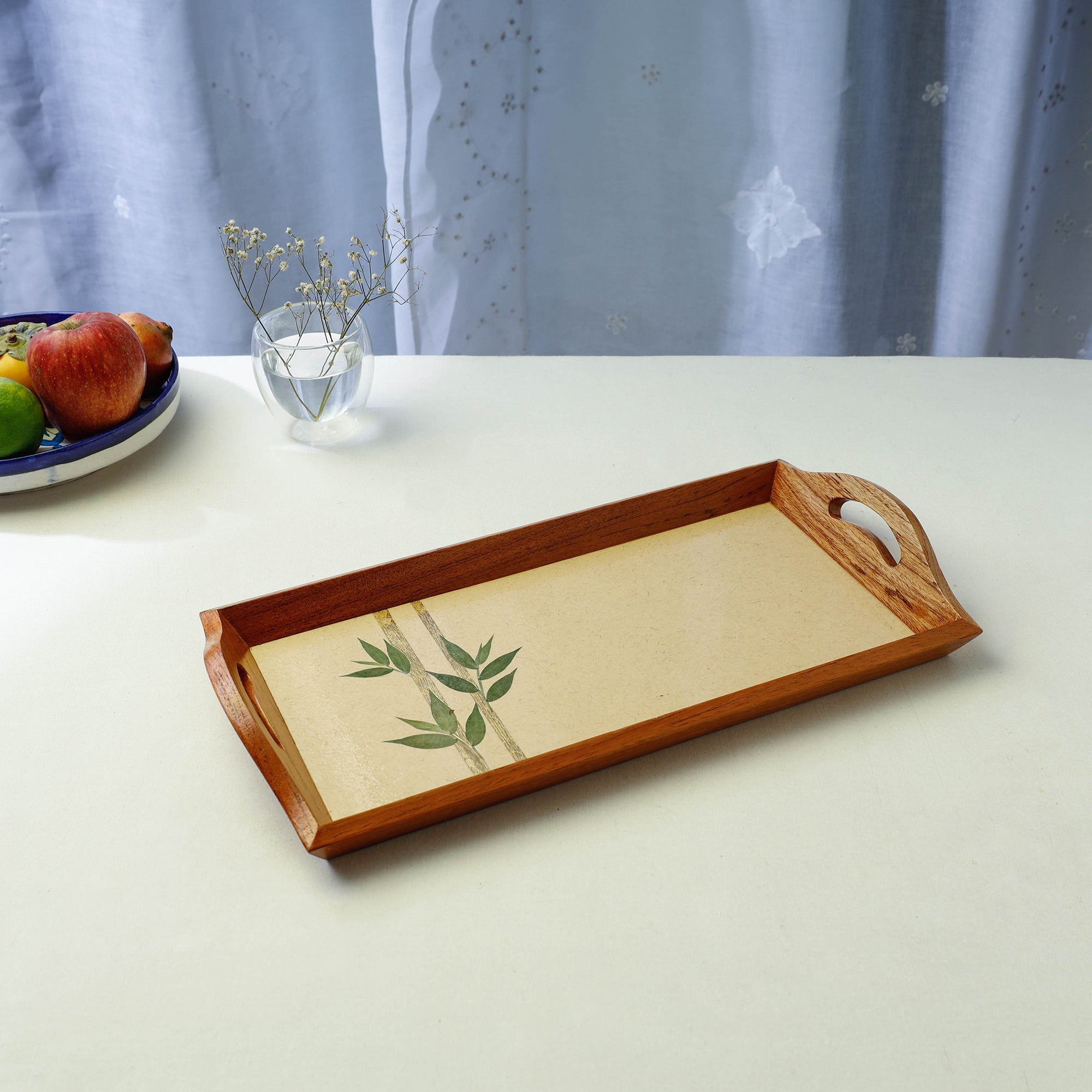 SHRADHANJALI - AN AUROVILLE UNIT Beige - Bamboo Art Work Wooden Tray with Handles (16 x 8 x 1 in)