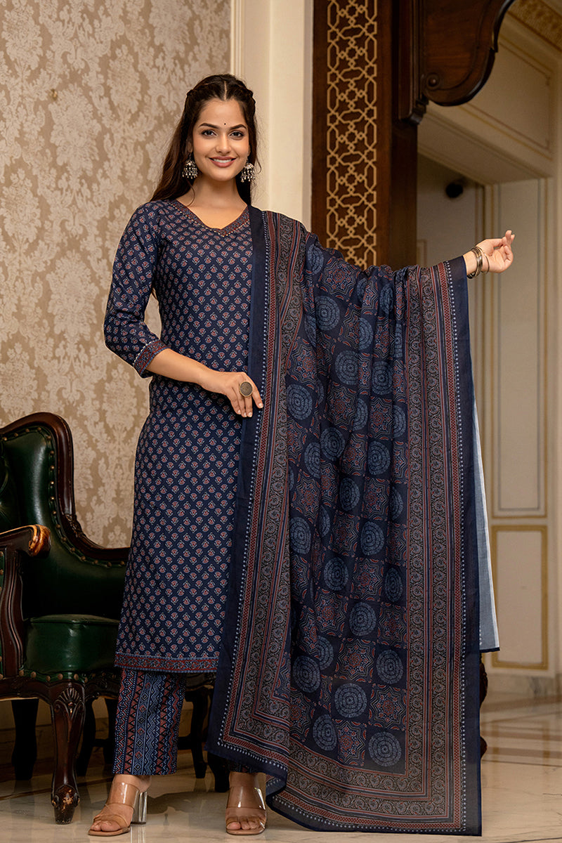 Ahika Navy Blue Rayon Blend Ajrakh Printed Straight Trouser Suit Set PKSKD2647 - view 5