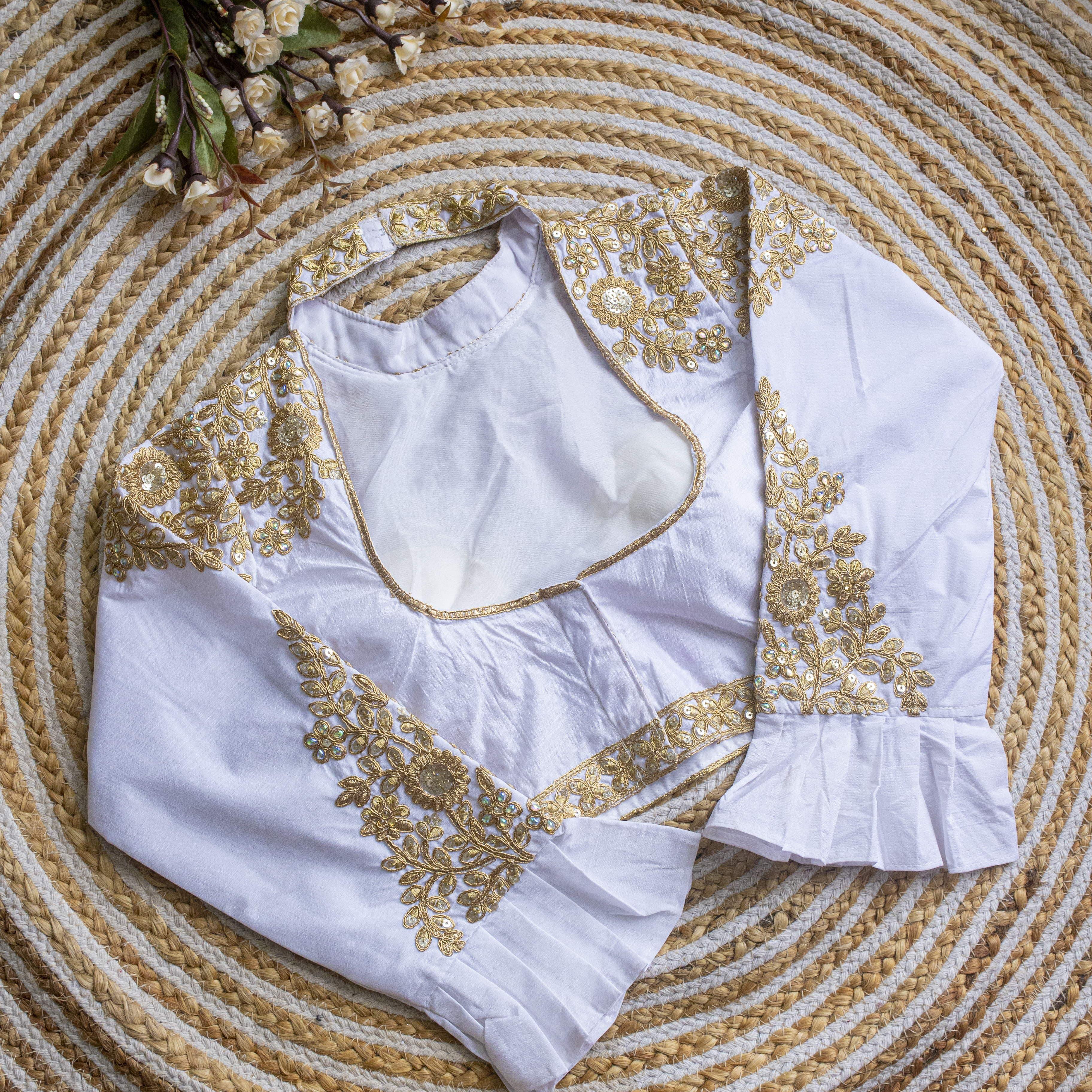 ClothsVilla White Golden Sequence Embroidered Blouse in glossy silk - view 2