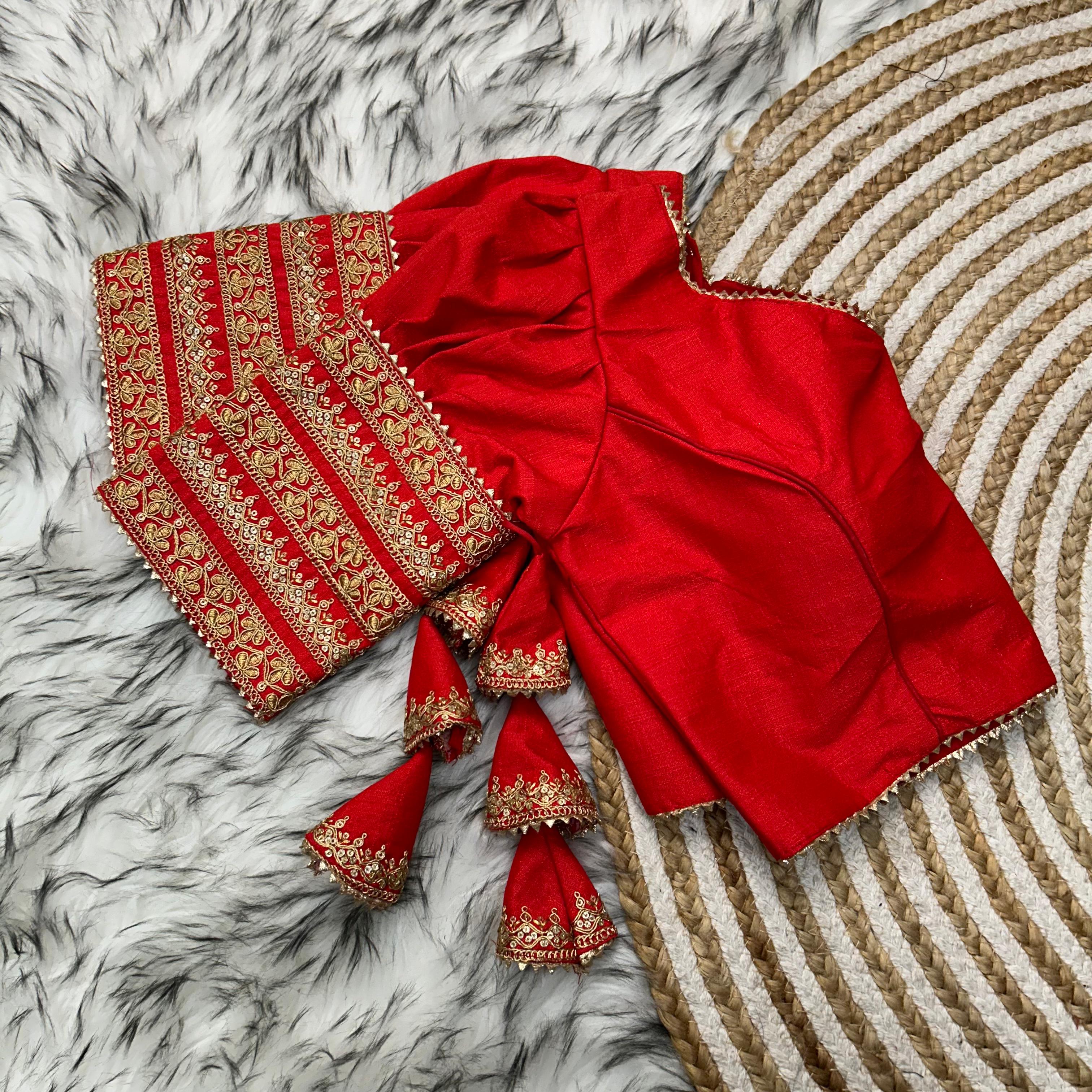 ClothsVilla Red Kilmora Silk Blouse with Handcrafted Embroidery and Sequence Accents