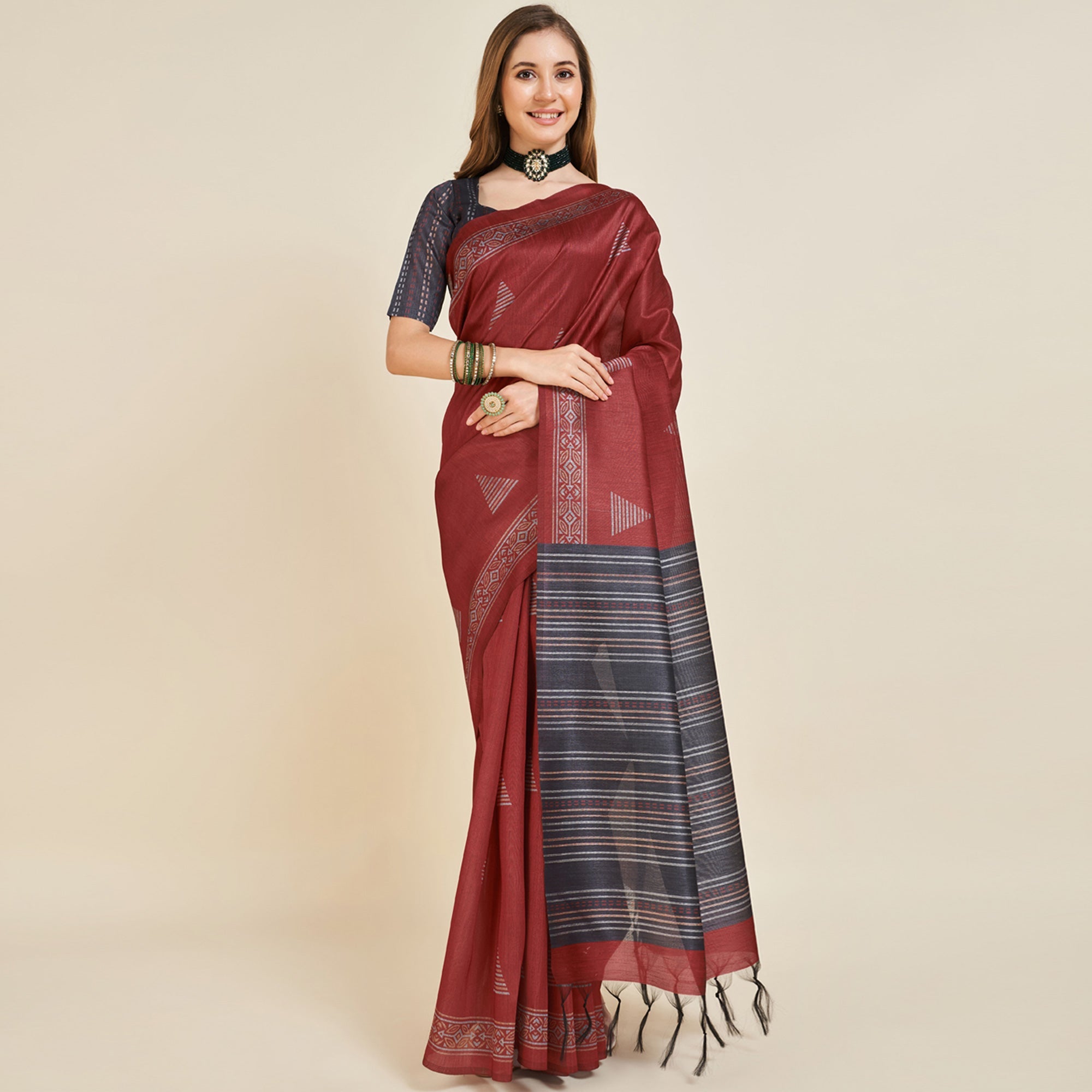 Peachmode Maroon Digital Printed Bhagalpuri Silk Saree With Tassels - view 2