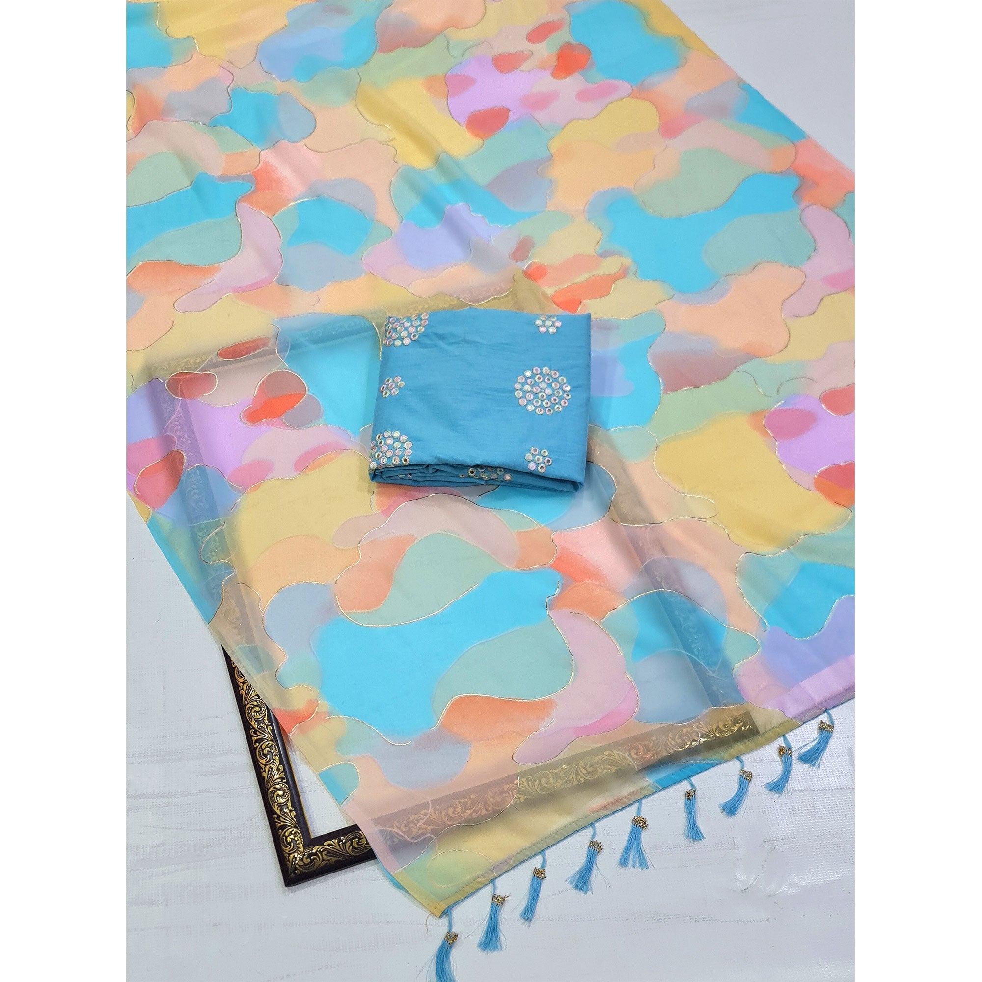 Peachmode Multicolor Foil Printed Georgette Saree With Tassels - view 4