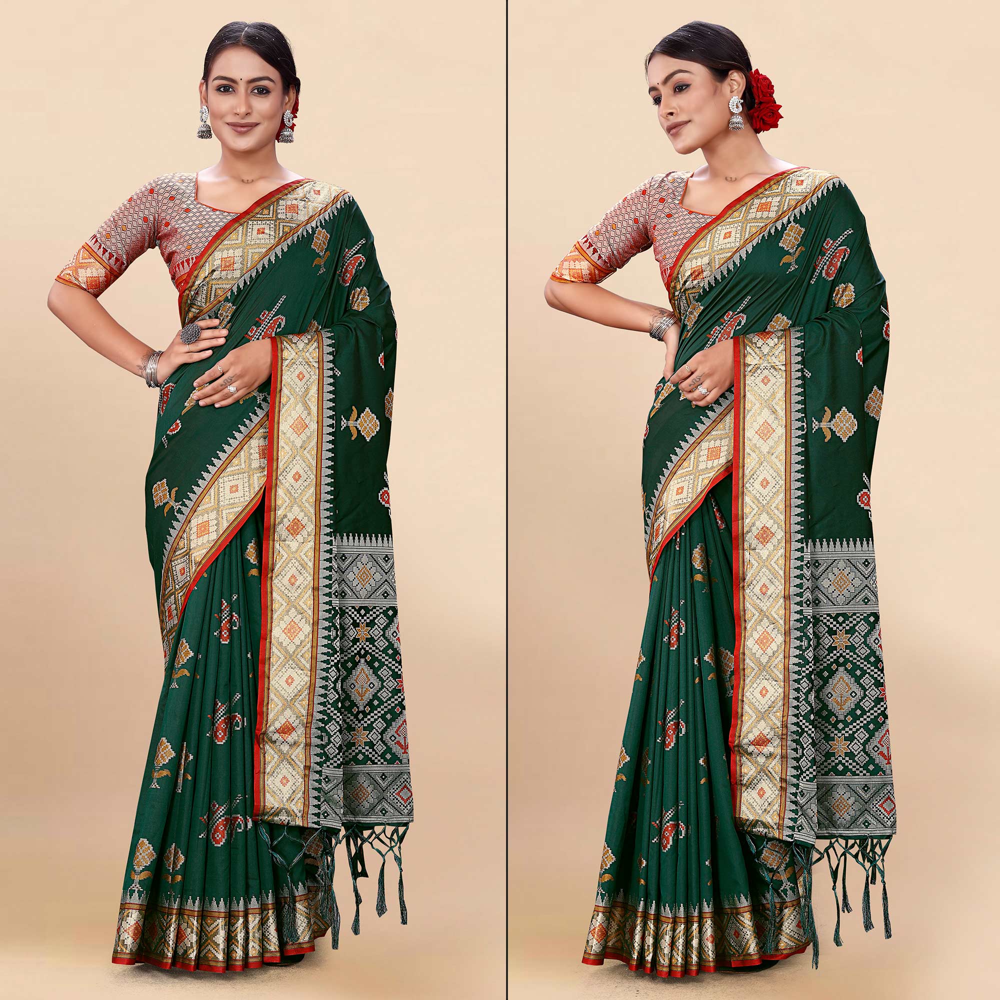 Peachmode Dark Green Woven Patola Art Silk Saree With Tassels