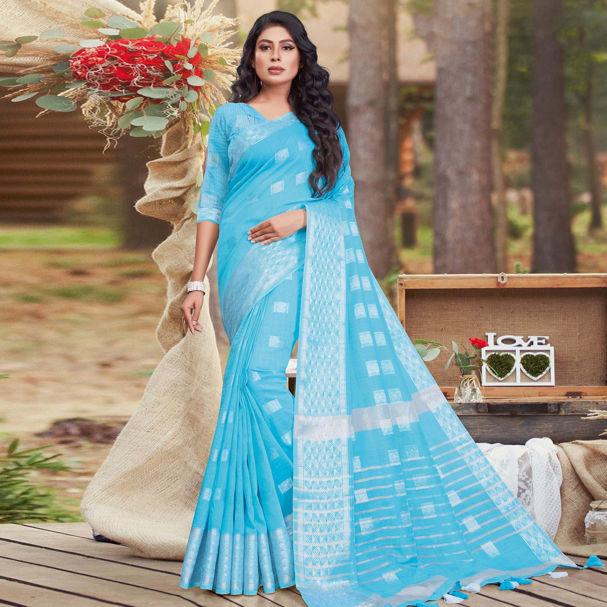 Peachmode Mesmerising Blue Coloured Partywear Woven Linen Cotton Saree