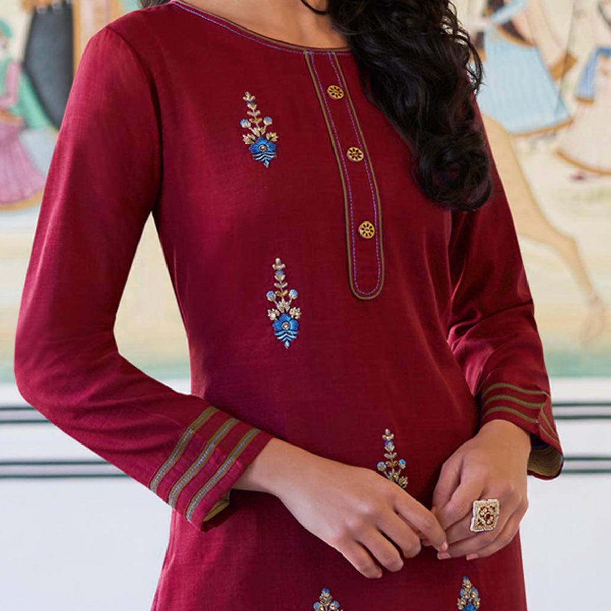 Peachmode Seller Maroon Casual Wear Embroidered Heavy Rayon Kurti - Palazzo Set - view 3