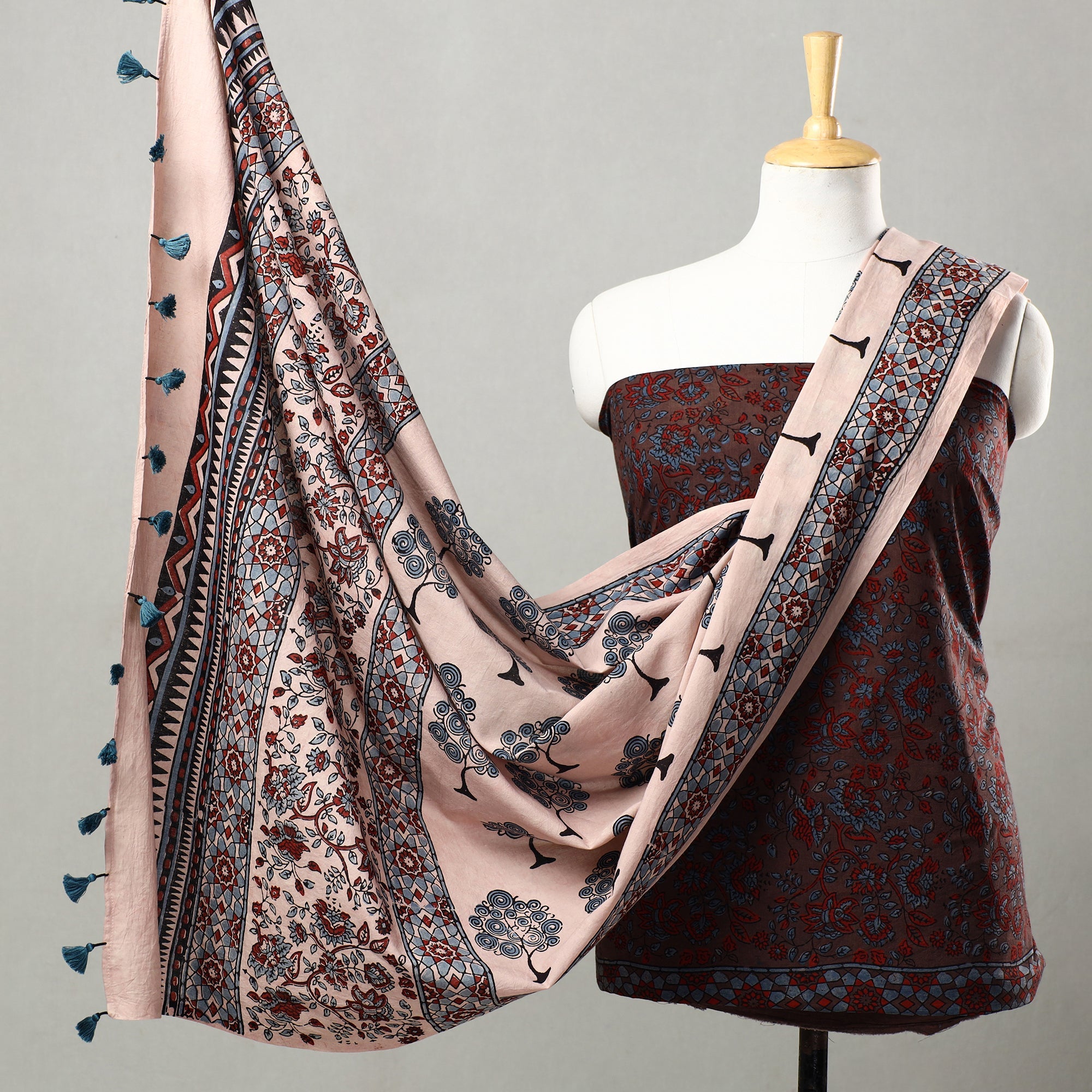 AJRAKH BY JABBAR KHATRI Brown - 3pc Ajrakh Block Printed Natural Dyed Cotton Suit Material Set 23