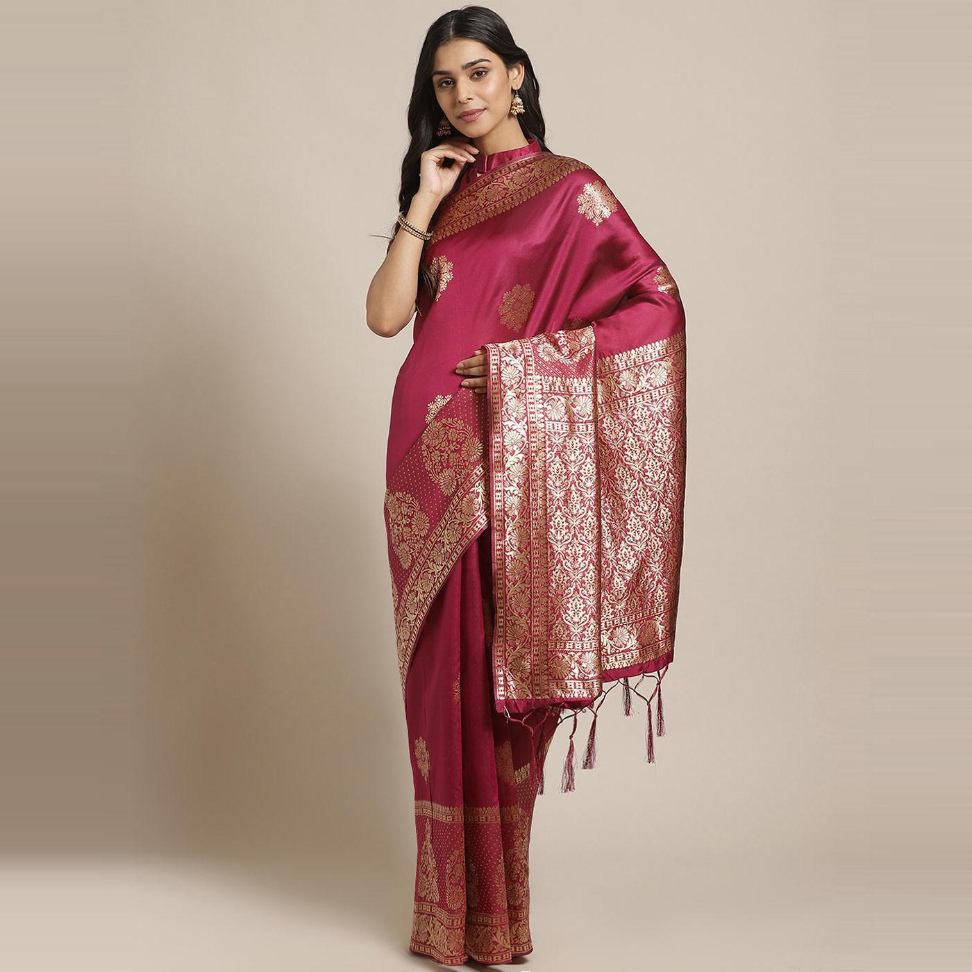 Peachmode Intricate Magenta Colored Festive Wear Woven Silk Blend Saree