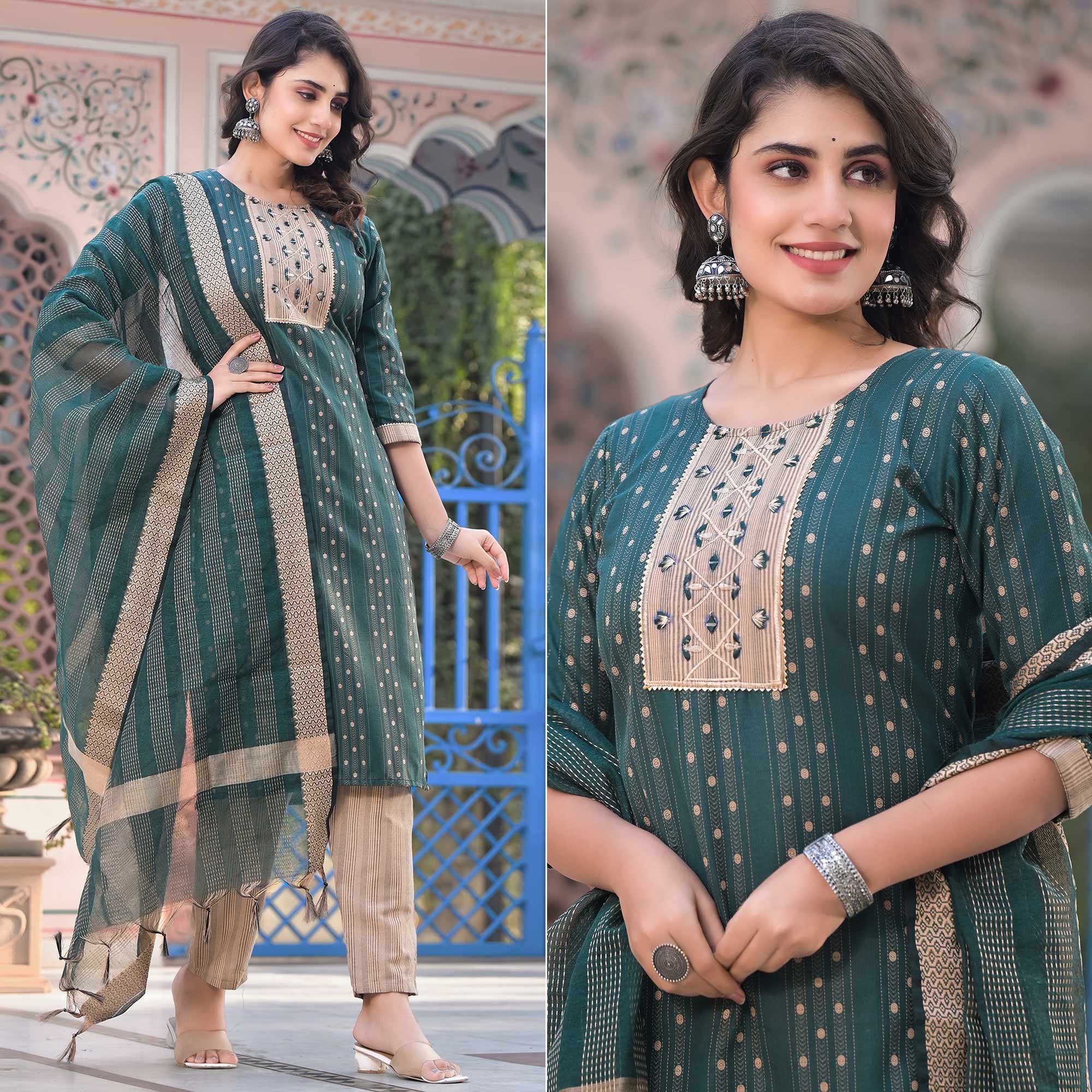 Green salwar suits – BlackTree green-woven-pure-cotton-straight-salwar-suit