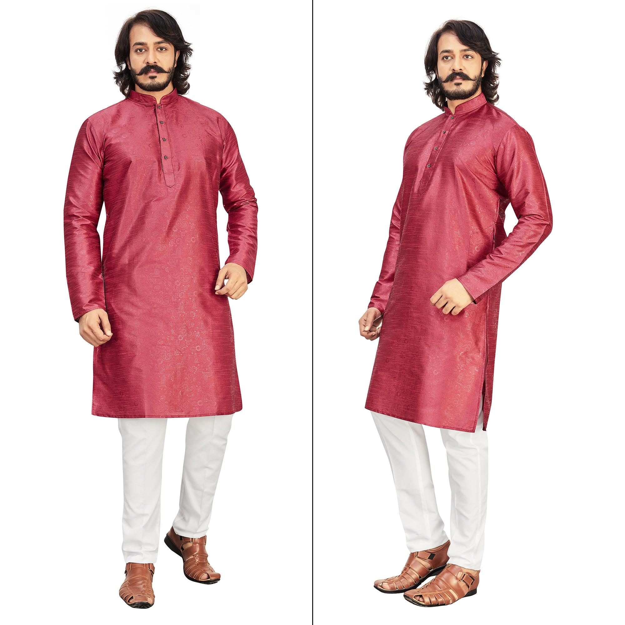 Peachmode Seller Maroon Printed Art Silk Men's Kurta Pyjama Set