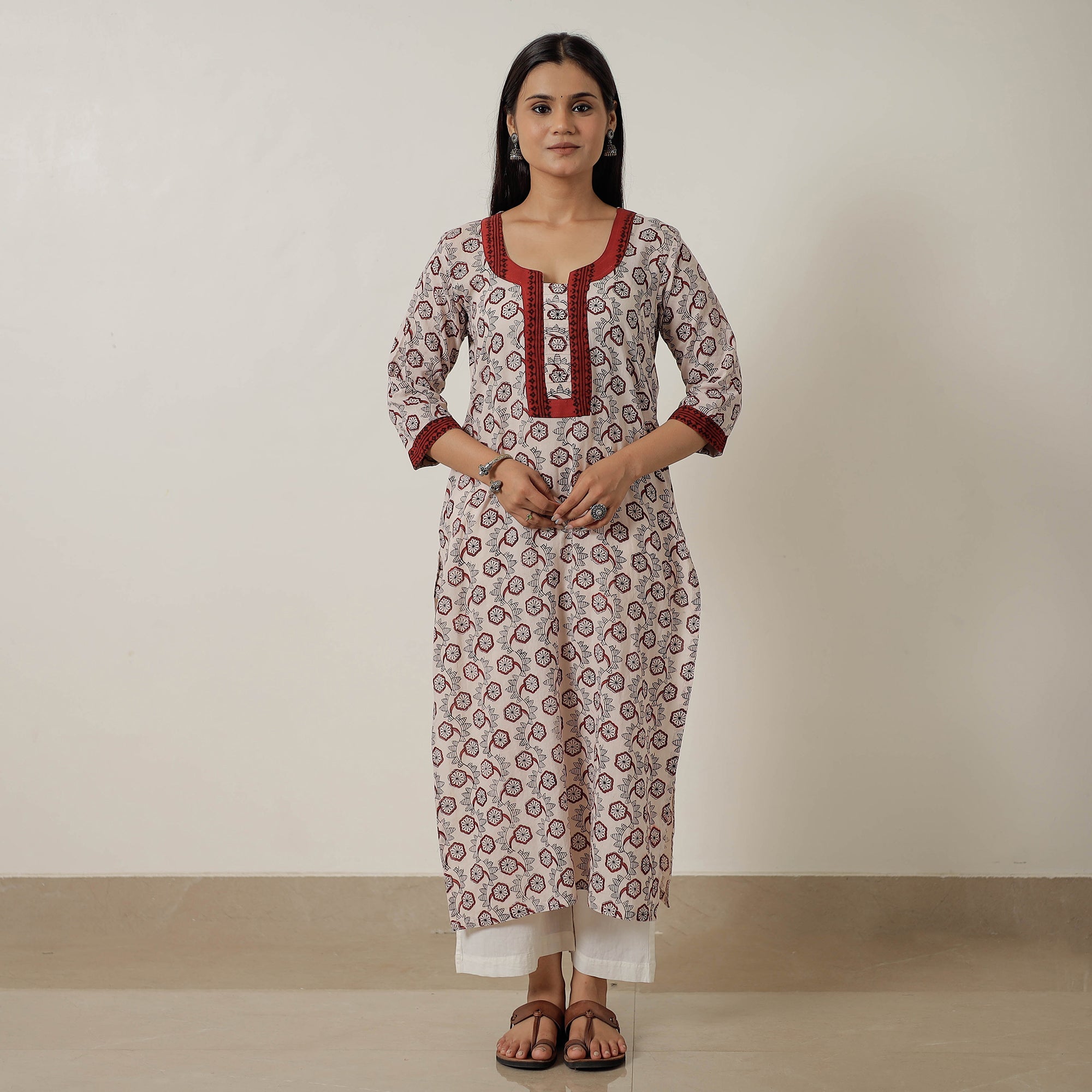 ITOKRI CASUALS Beige - Block Print Mul Cotton Straight Bagh Kurta 08 - view 2