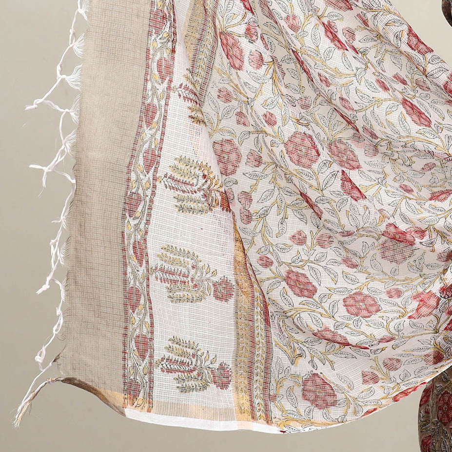 ARTISAN HAND BLOCK PRINTS Brown - 3pc Sanganeri Block Print Kota Cotton Dress Material 14 - view 4