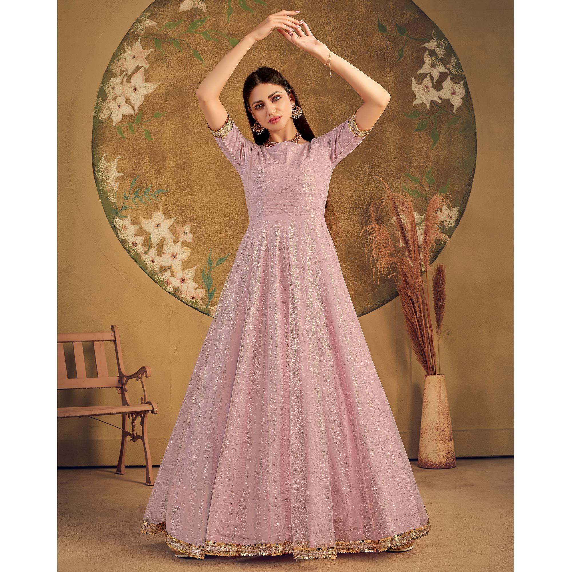 Peachmode Light Pink Partywear Wear Foil Work Net Gown - view 3