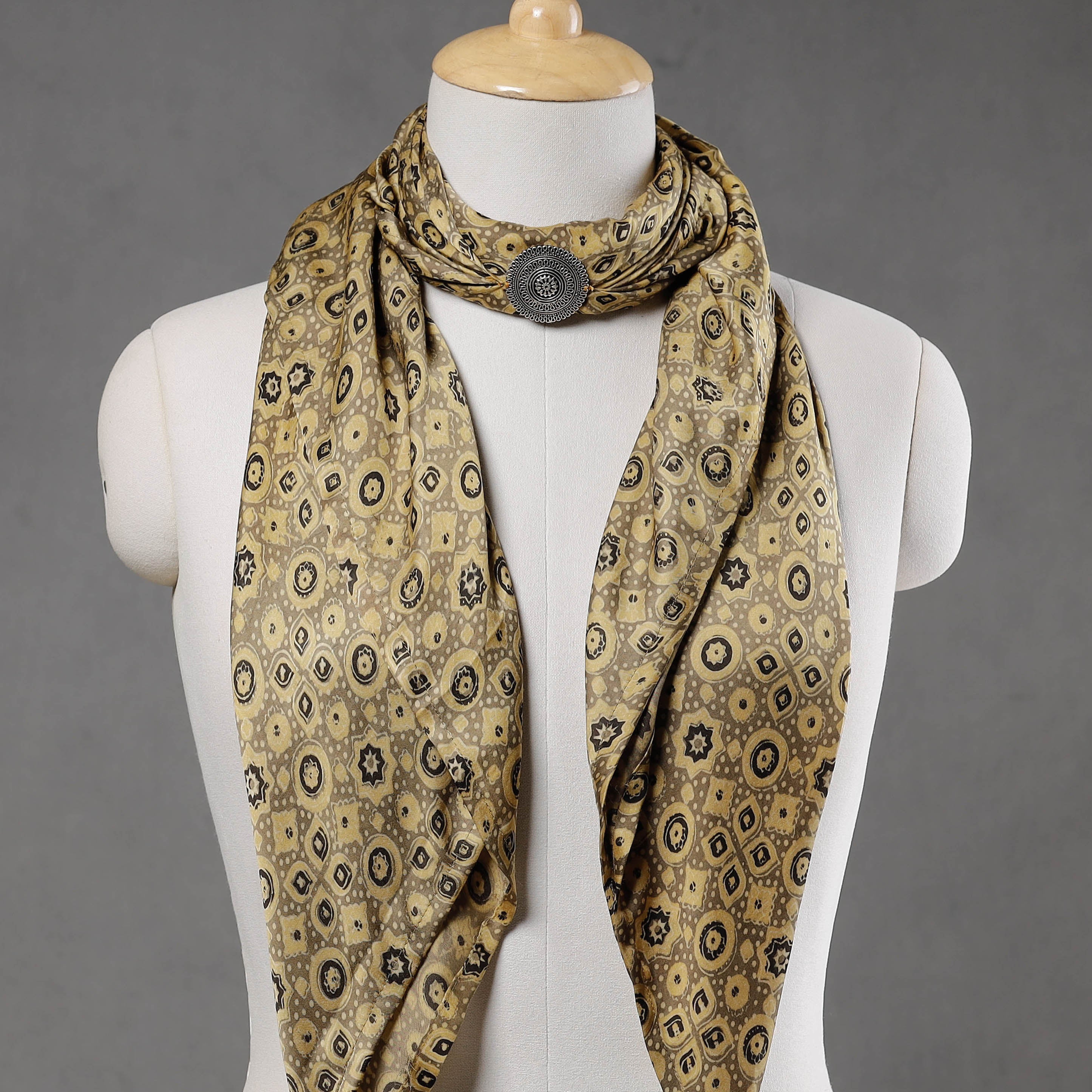 STOLES & SCARVES Brown - Modal Silk Ajrakh Block Printing Pendant Necklace Scarf - view 2