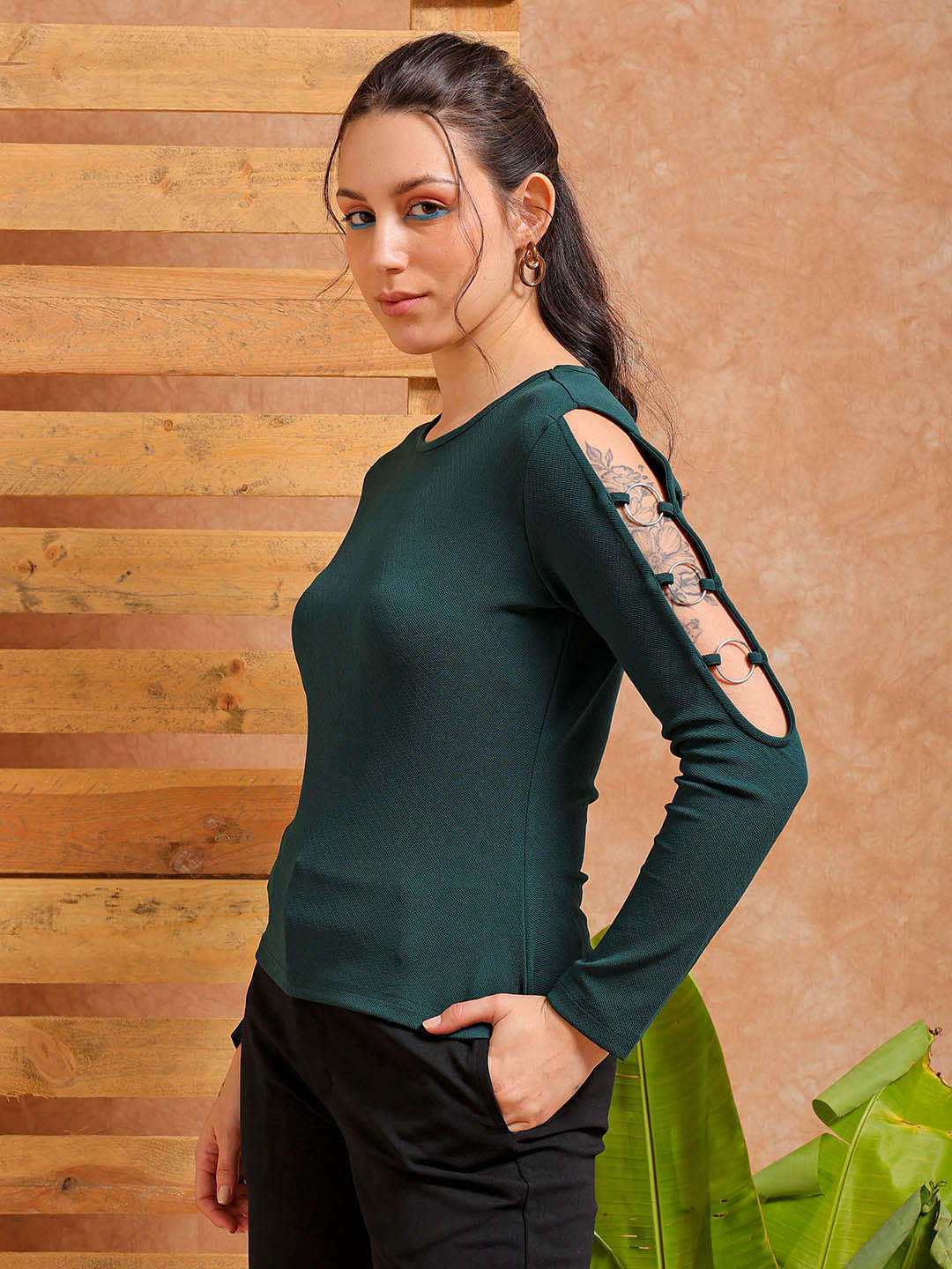 Freehand by The Indian Garage Co Women's Green Fitted Textured Regular Top - view 4