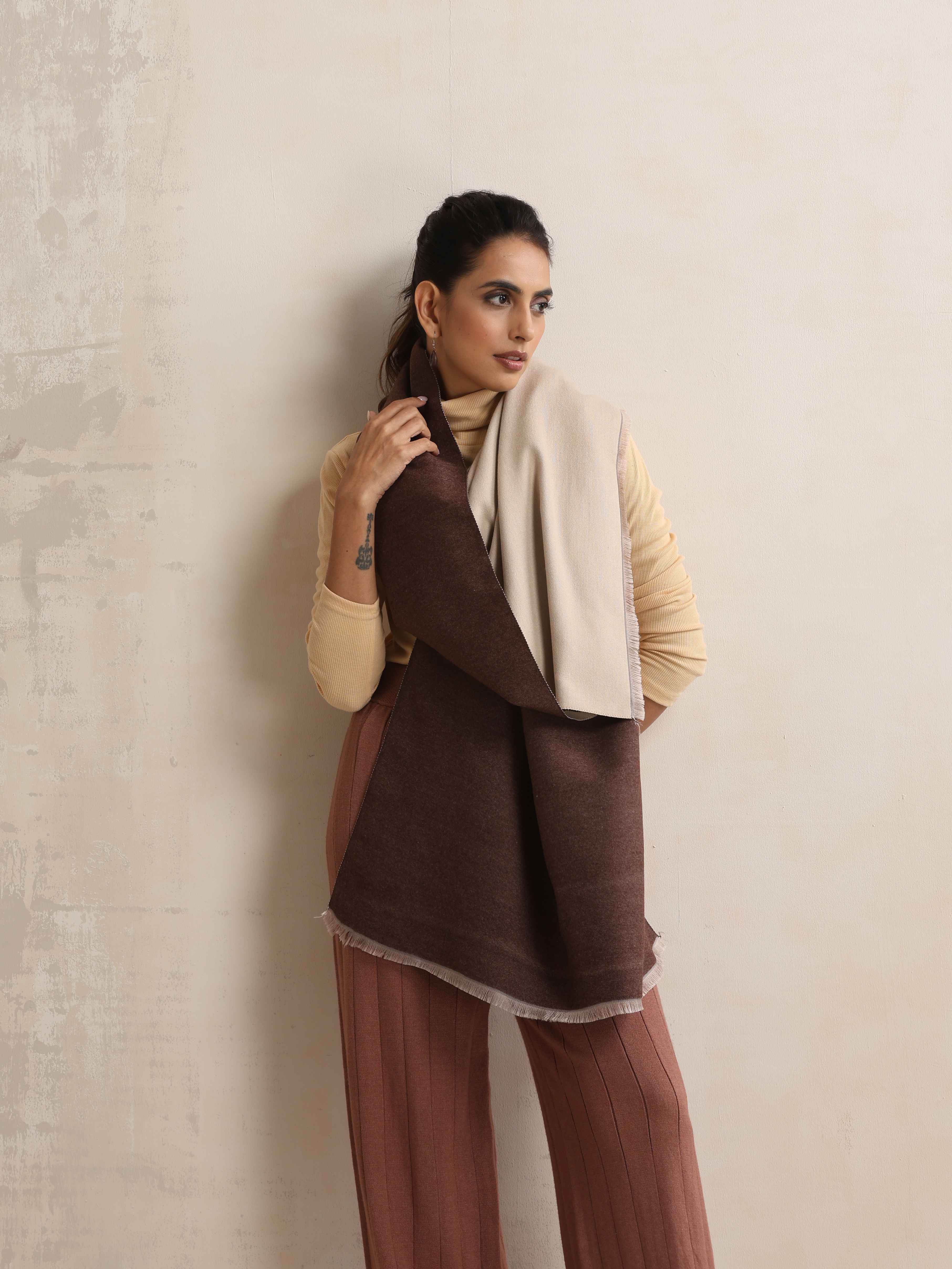 trueBrowns Dark Brown Reversible Woollen Stole - view 3
