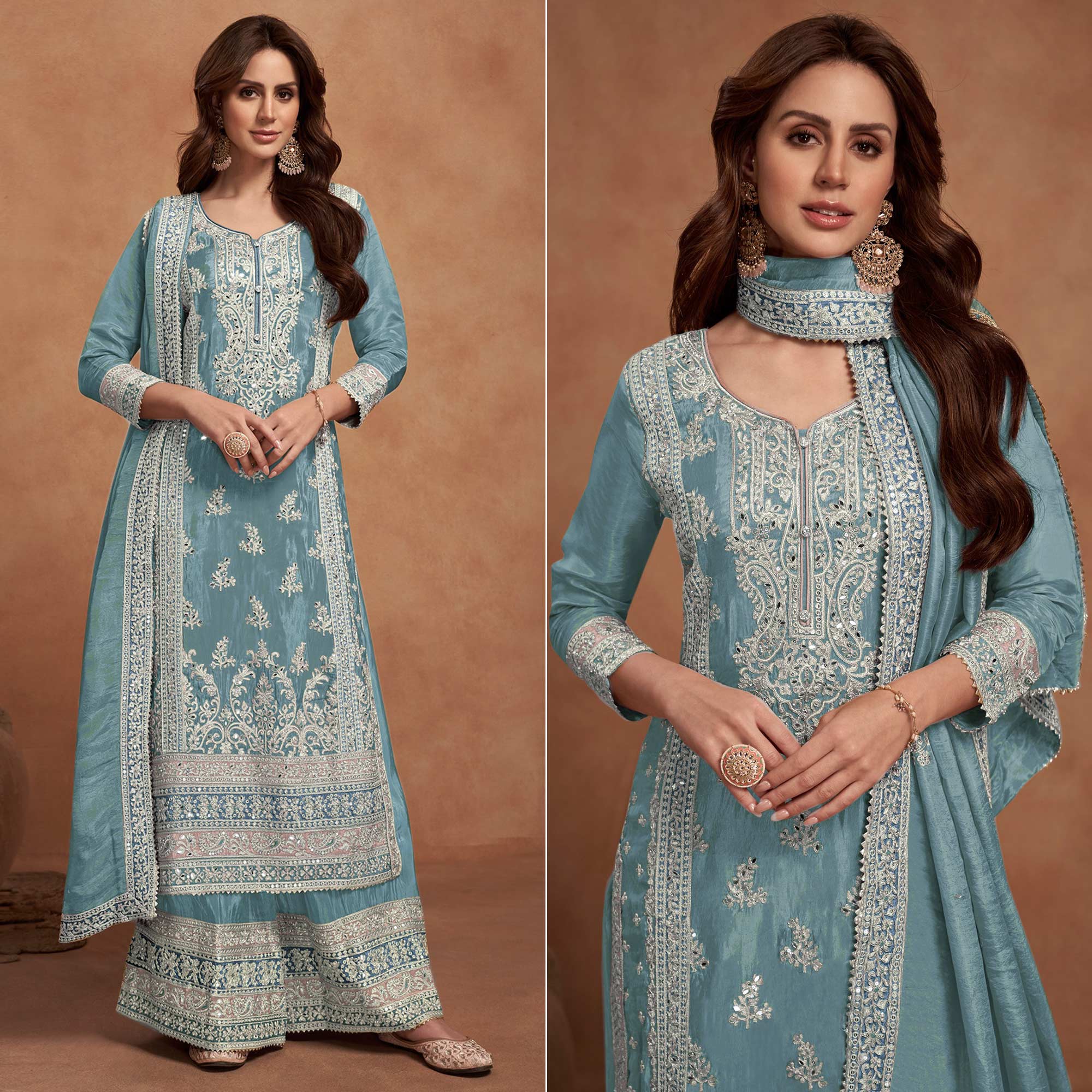 Peachmode Light Teal Floral Sequins Embroidered Vichitra Silk Semi Stitched Palazzo Suit