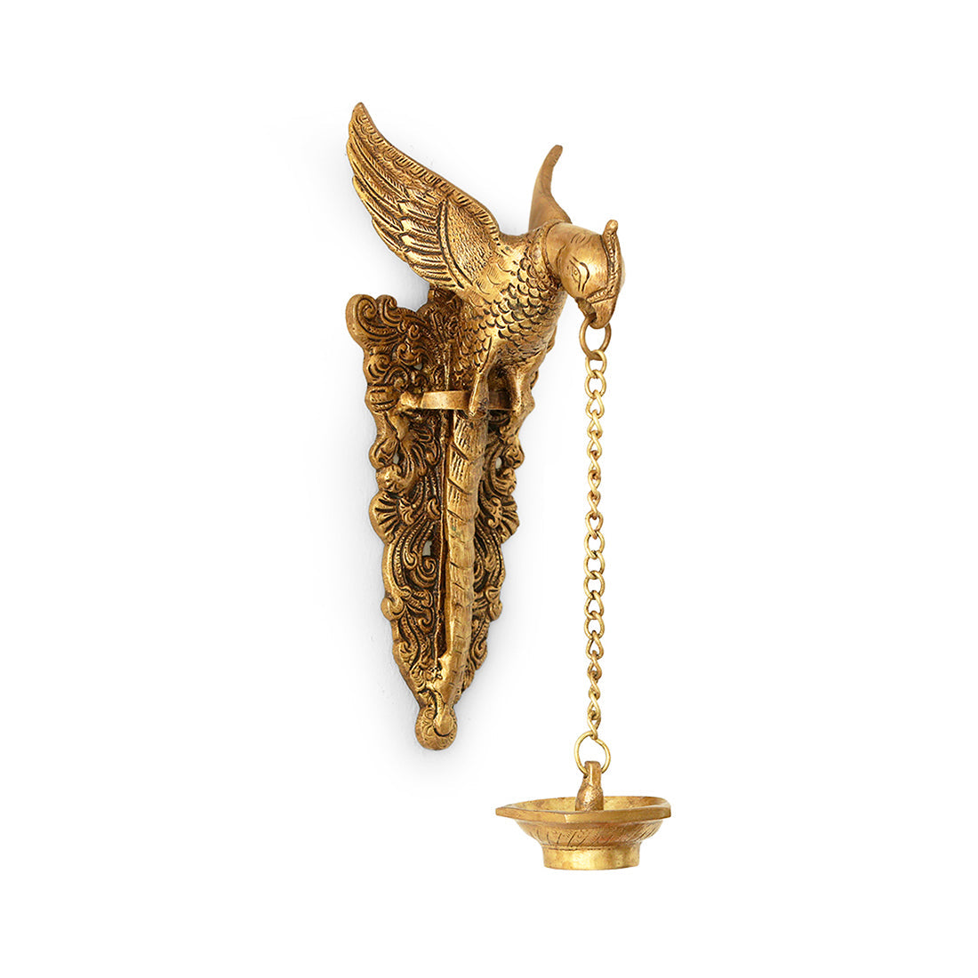 EXCLUSIVELANE 'Golden Parrot' Decorative Wall Hanging Brass Diya (5 Wicks, 1.5 Kg, Hand-Etched) - view 2