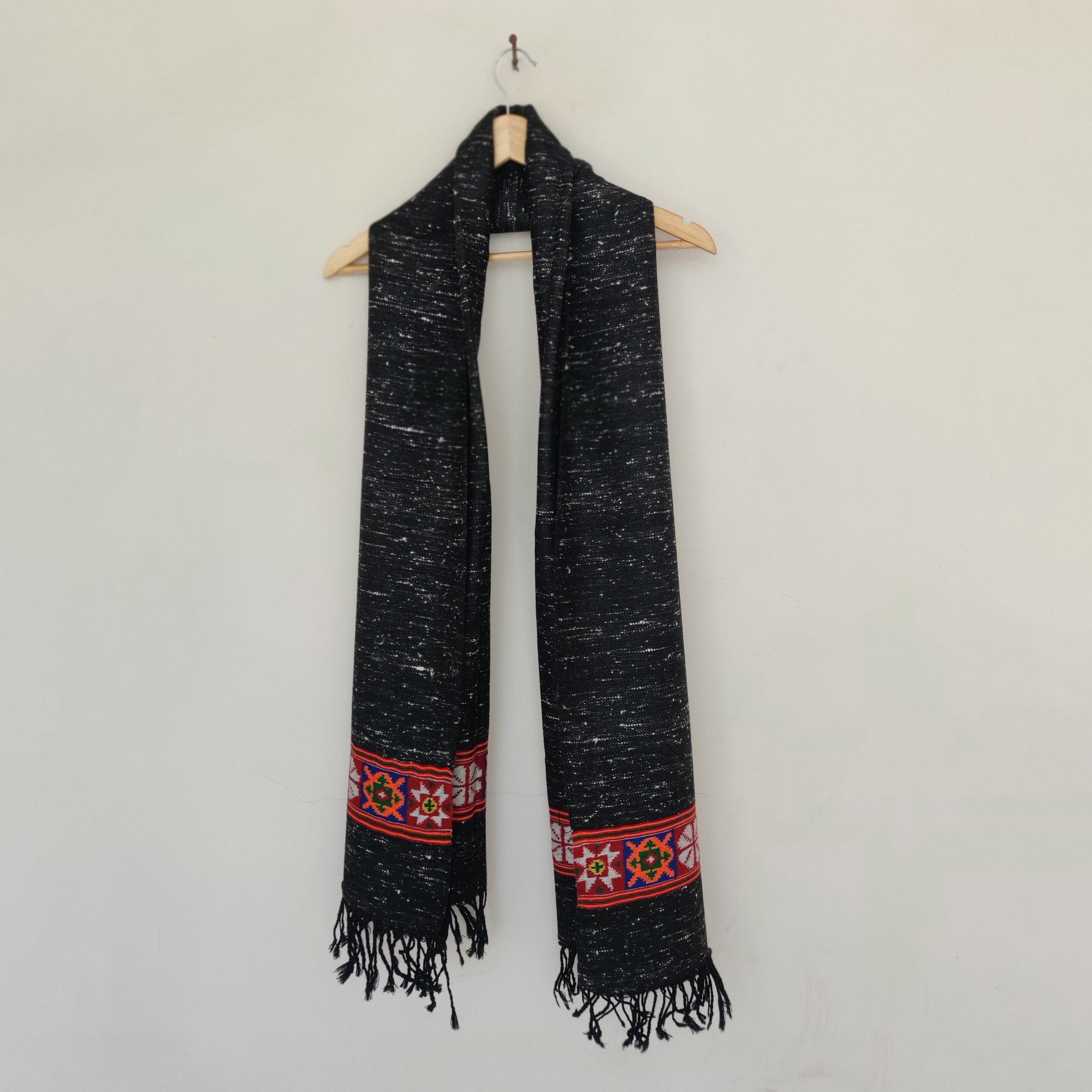 CHARKHA Black Multicolor Handwoven Sheep Wool Kinnauri Stole