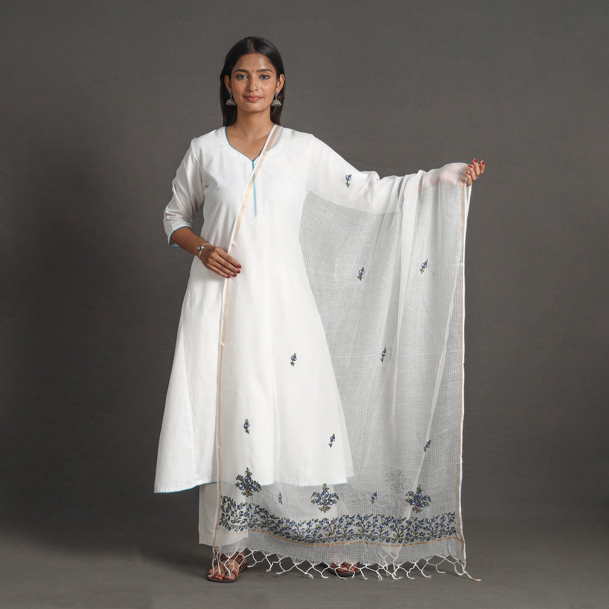 ITOKRI CRAFTS INITIATIVE Kota Doria Silk Cotton Kashida Embroidery Dupatta 39