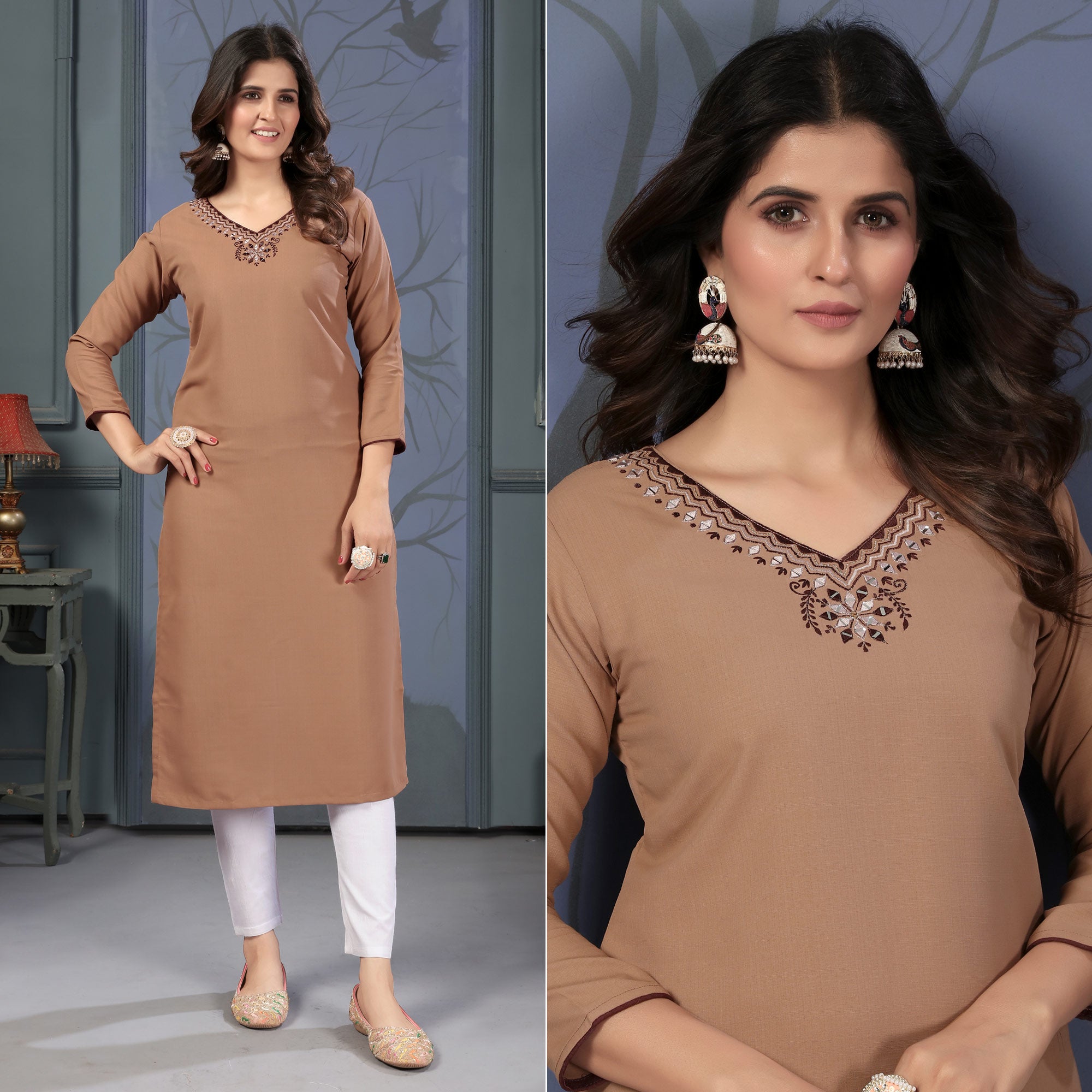 Peachmode Seller Brown Solid With Mirror Embroidered Cotton Blend Kurti