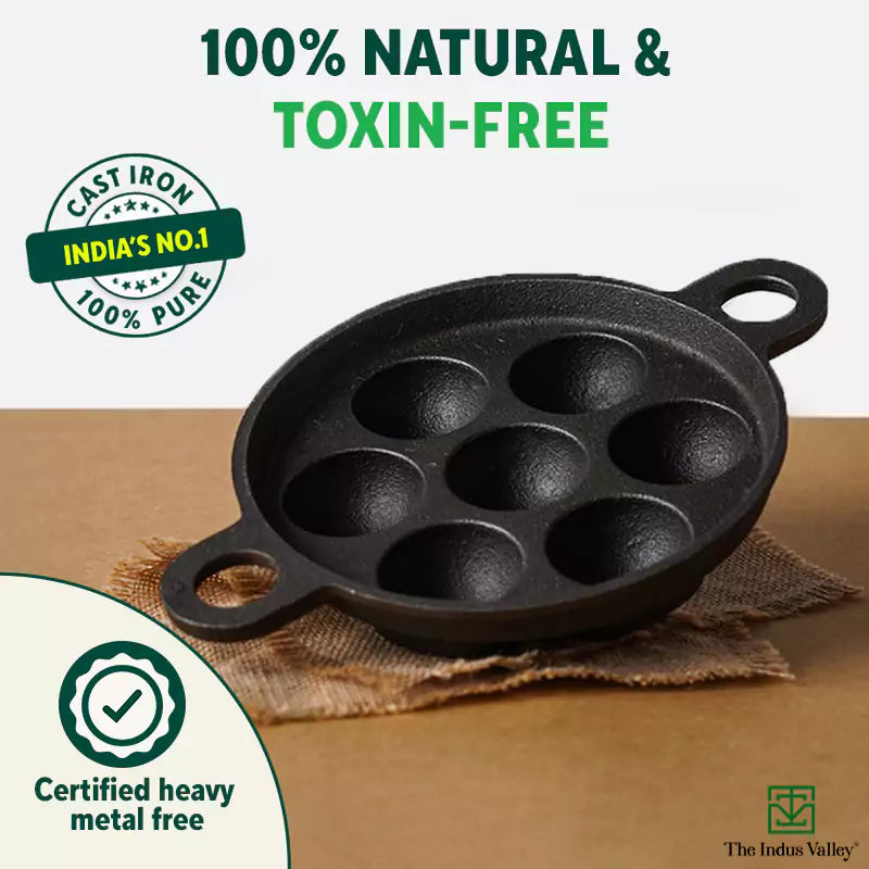 The Indus Valley Super Smooth 7 Pit/Cup Cast Iron Paniyaram/Appe Pan+ Free Spatula, Pre-seasoned, Natural Nonstick, 100% Pure, Toxin-free, 18.9cm, 2.2 - view 5