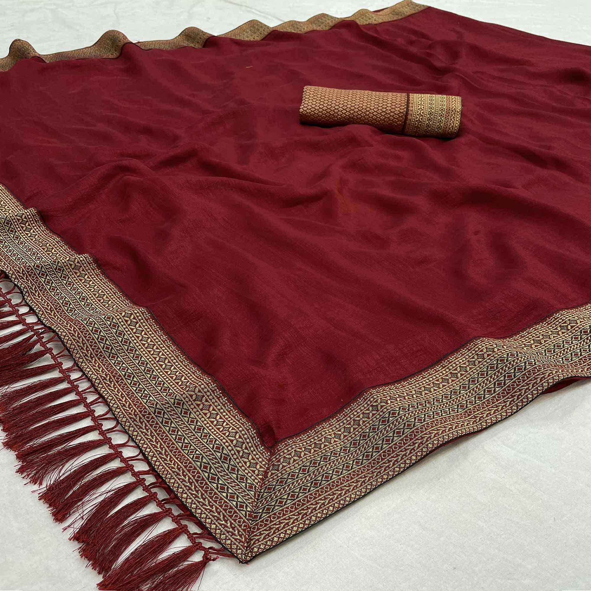 Peachmode Maroon Casual Wear Jacquard Lace Border Silk Saree With Tassels