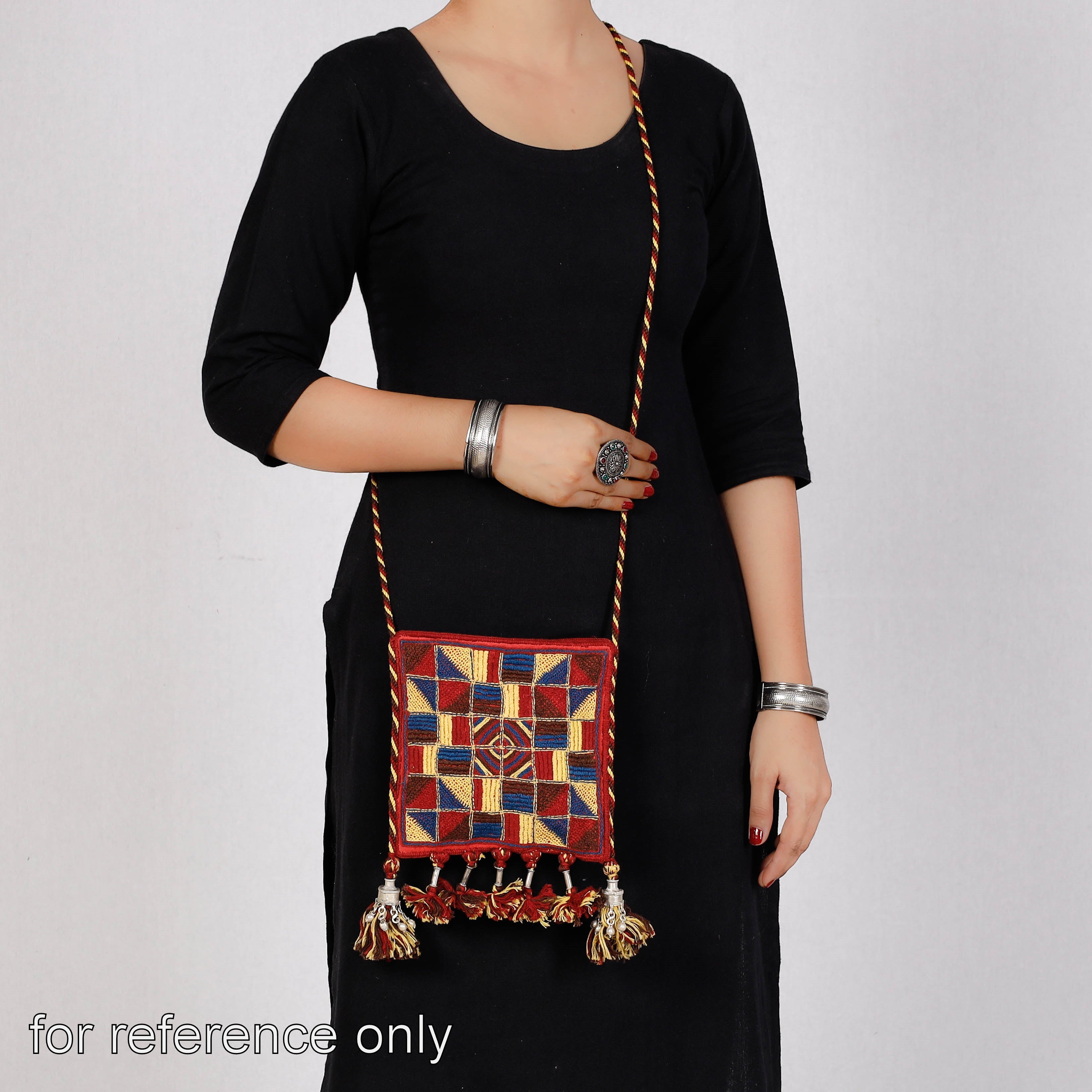 Brown - Lambani Hand Embroidery Cotton Crossbody Sling Dori Bag by Sandur Kushala Kala Kendra - view 3
