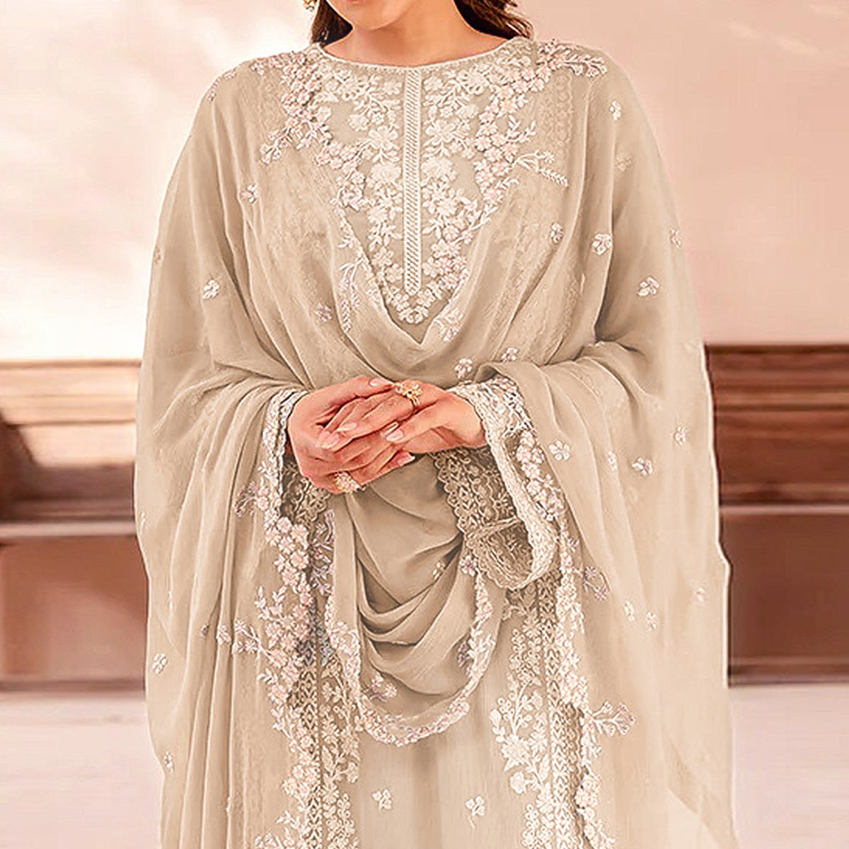 Peachmode Cream Floral Sequins Embroidered Georgette Semi Stitched Pakistani Suit - view 3