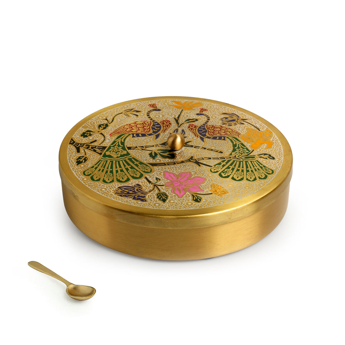 EXCLUSIVELANE 'Peacock Hand-Etched' Handpainted Spice Box With Spoon In Brass (7 Containers, 110 ml) - view 2